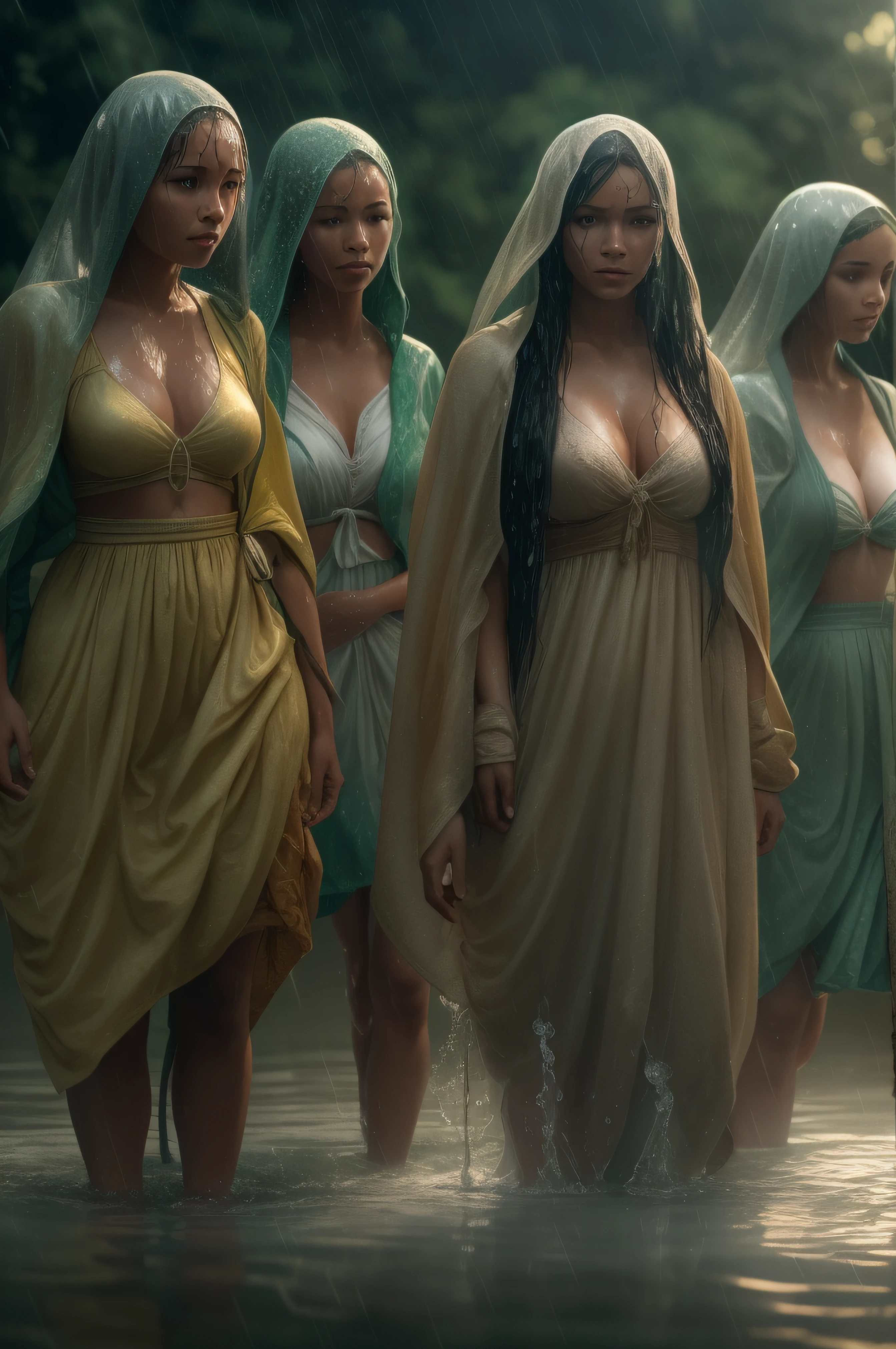 Ten women with exceptionally long hair and huge breasts in the Third World War. Dressed on a very wet short poncho super detailed photography, Play of light in the sun rain, downpour, ((a drop of water falling from a height onto the surface of the water)), splashes, , luminism, intricate, 4k concept art volumetric light, unrealistic engine, global illumination, detailed environment