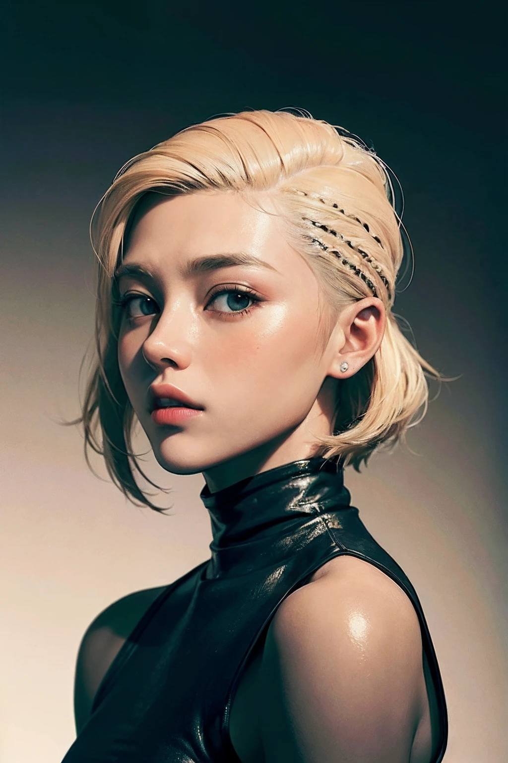 a 20 yo woman, blonde, (hi-top fade:1.3),cute girl , dark theme, soothing tones, muted colors, high contrast, (natural skin texture, hyperrealism, soft light, sharp)