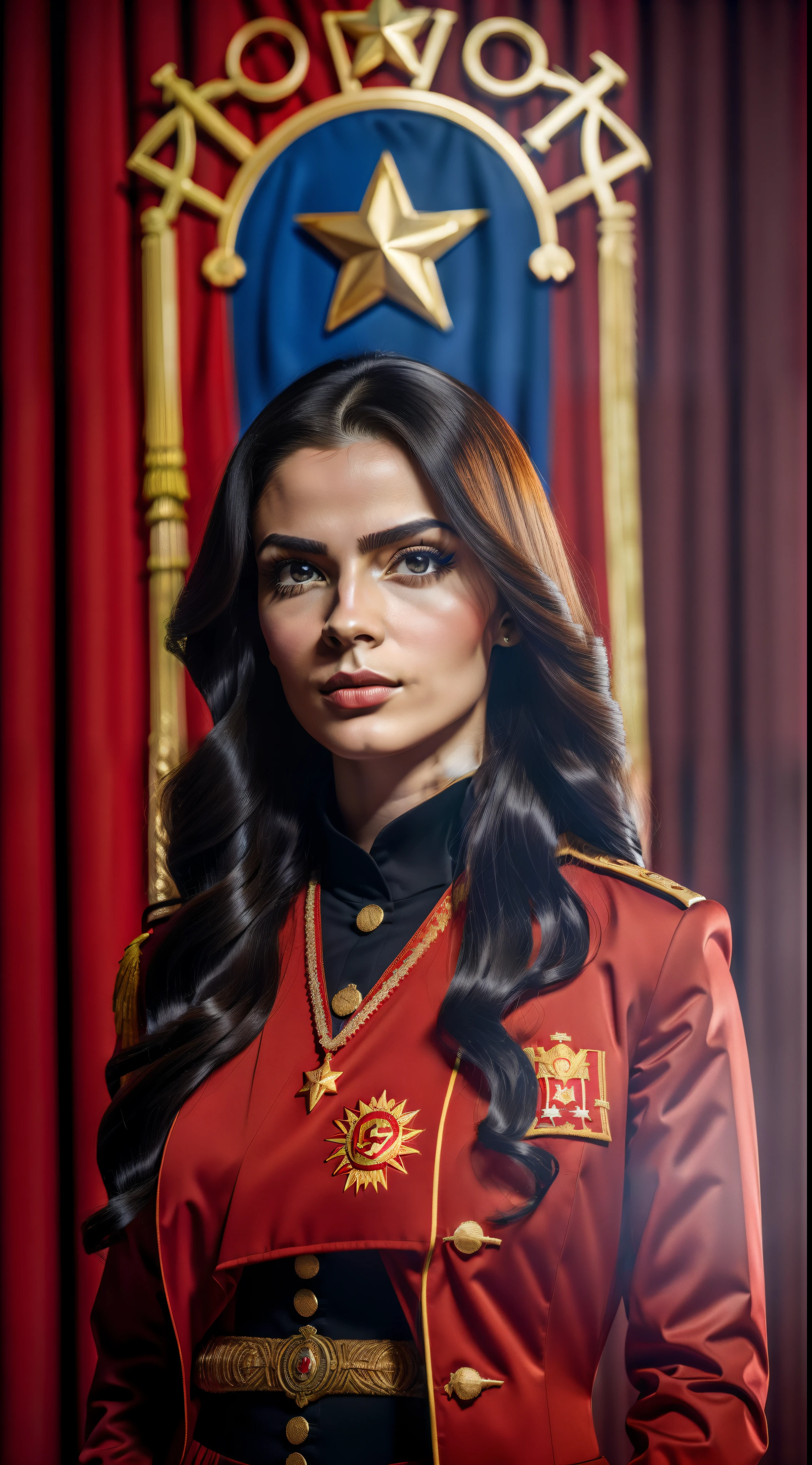 "Realistic portrait of a young Soviet woman wearing a red uniform with communist symbols, foice e o martelo, imagem de corpo inteiro, Communist hammer and sickle symbol, comunismo, jaqueta de couro preta com detalhes em amarelo, Bancada Negra, props on hair, leve maquiagem, Flag of the Soviet Union, URSS,  iluminada dramaticamente. Ao fundo, a imponente cidade de Moscou."