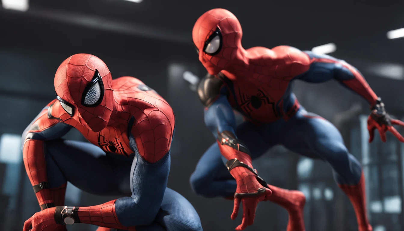 spider man bodybuilder - spider - man and spider - man in a dark gym, spider - verse art style, into the spiderverse, spiderverse, into the spider verse, futuristic style spiderman, miles morales!!!, 3840 x 2160, 3840x2160, miles morales, hq 4k wallpaper, rendered in sfm, super detailed render