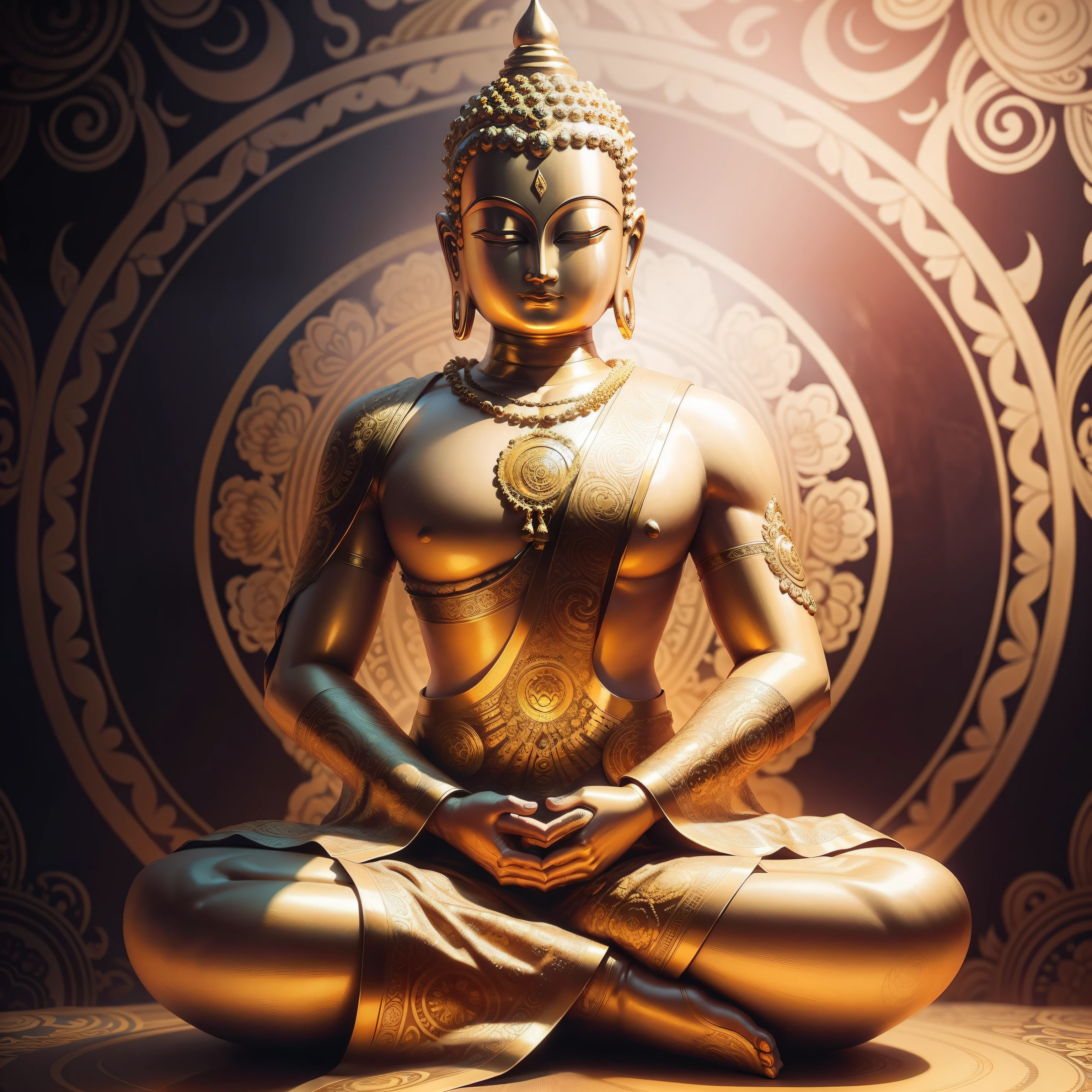 Goutham Buddha figure in gold, intricate details, psychedelic background pattern, intricate background, highly detailed