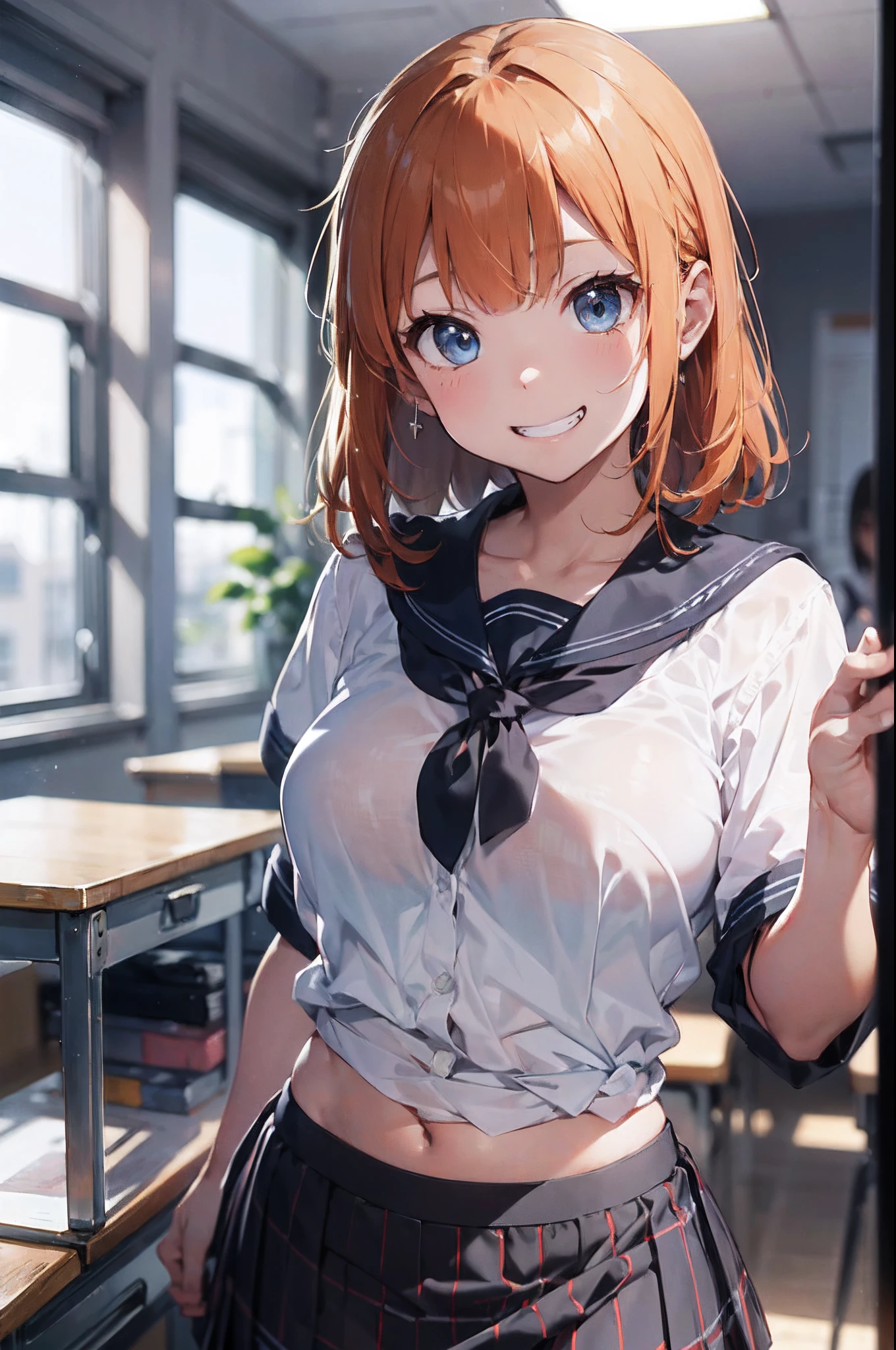 (top-quality、in 8K、32K、masterpiece、nffsw、超A high resolution、Impresionismo、Photorealsitic:1.2)、Colossal tits、cowboy shot, detailed faces and eyes、 Inside the classroom、Schools、Evening glow、beauitful face、blurry backround、16-year-old beautiful girl、shinny skin、Medium Hair、beautiful orange hair、Blunt bangs、blue eyess、(grin、Wink:1.2)、a sailor suit、Plaid miniskirt、Curve、(Lifting skirt、I can see panties:1.3)、thighs thighs thighs thighs、dynamicposes