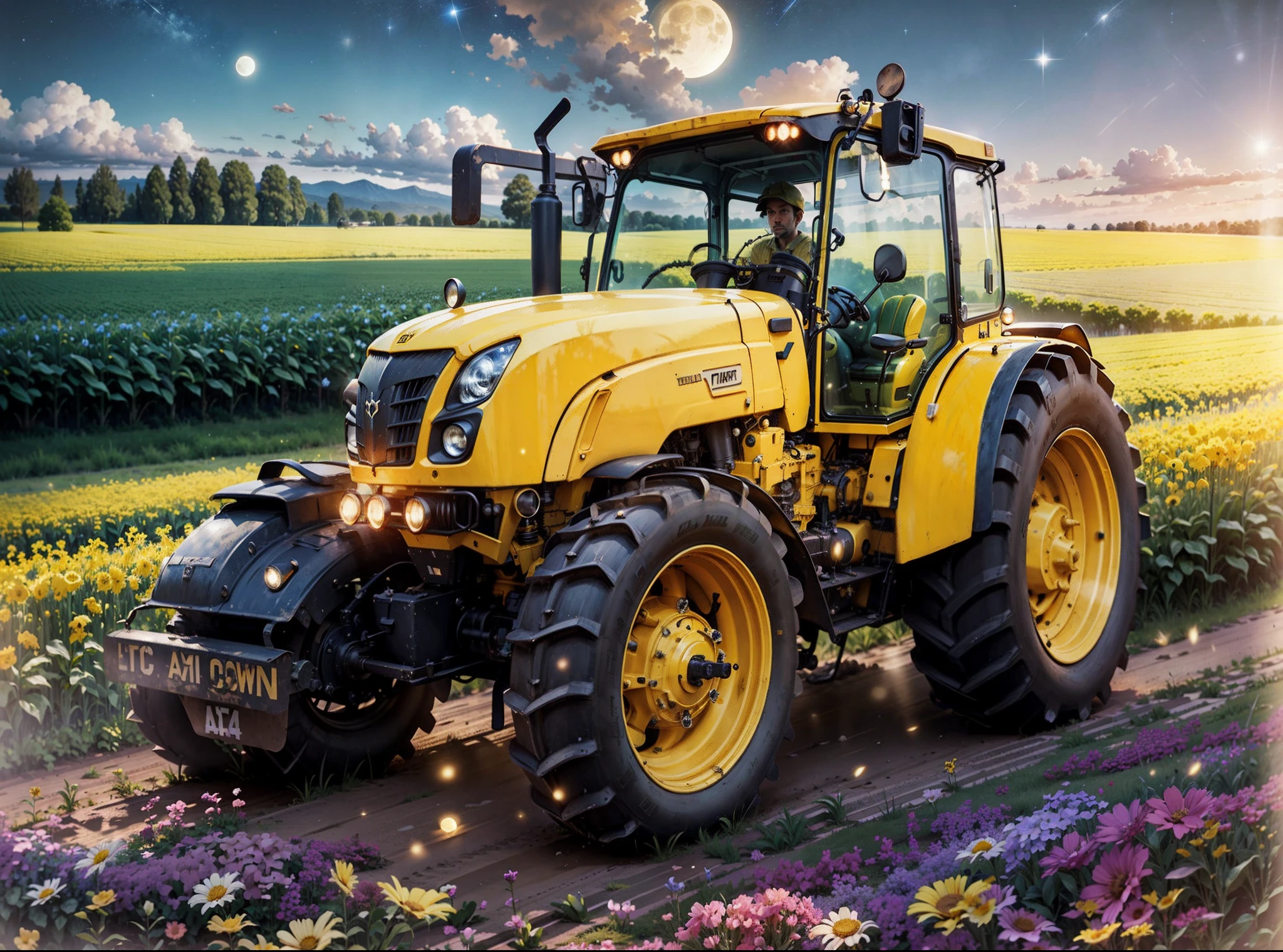 Yellow tractor in a flowering field and plantation with the night sky full of stars and the moon casting its light on the tractor. Alta qualidade e detalhamento