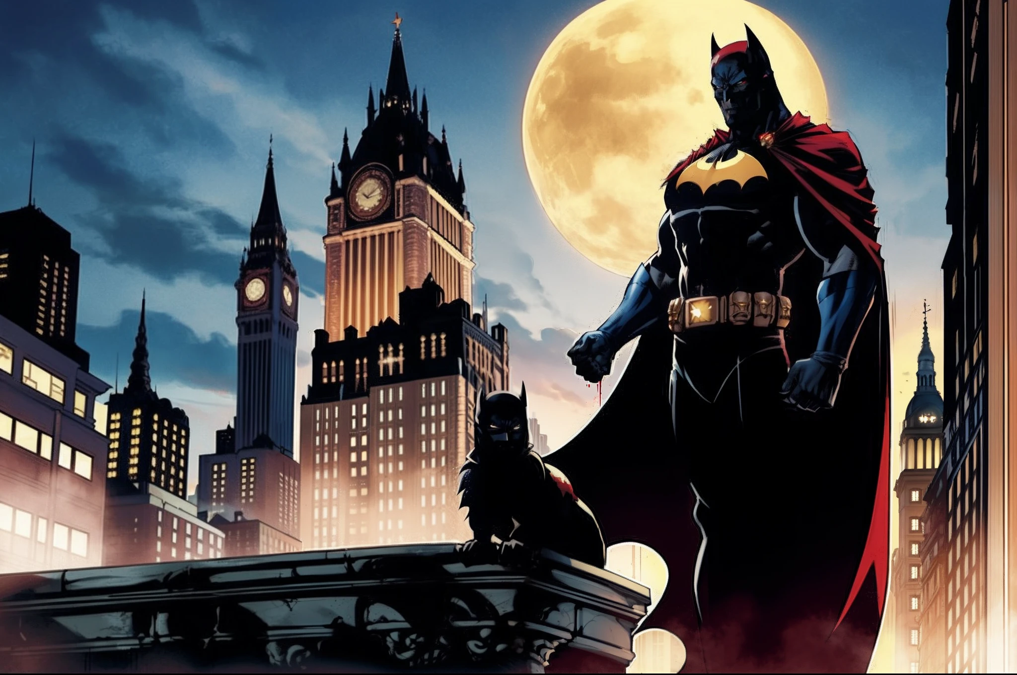Batman stands on the terrace of the Gotham City Police Station building next to a Gargoyle made of concrete that makes the terrace. There is a lot of blood around him and he watches intently looking for the causes of this mystery. Bataman is going strong, olhos brilhantes , His uniform also has blood remnants from the fight he had earlier with cyber vampires at Dracula's behest. Is Dracula hiding on the terrace where Batman is found??