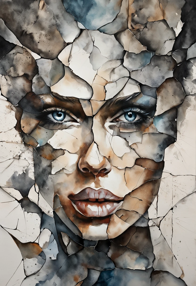a close up of a painting of a woman's face with a broken face, cracked porcelain face, fragmented, abstract portrait, nicolas delort, surreal dark art, stefan gesell, shattered, dark schizophrenia portrait, inspired by Igor Morski, shattered abstractions, broken mirror, broken mirrors composition, shattered wall, 4 k symmetrical portrait, glass face, Detailedface, Detailedeyes