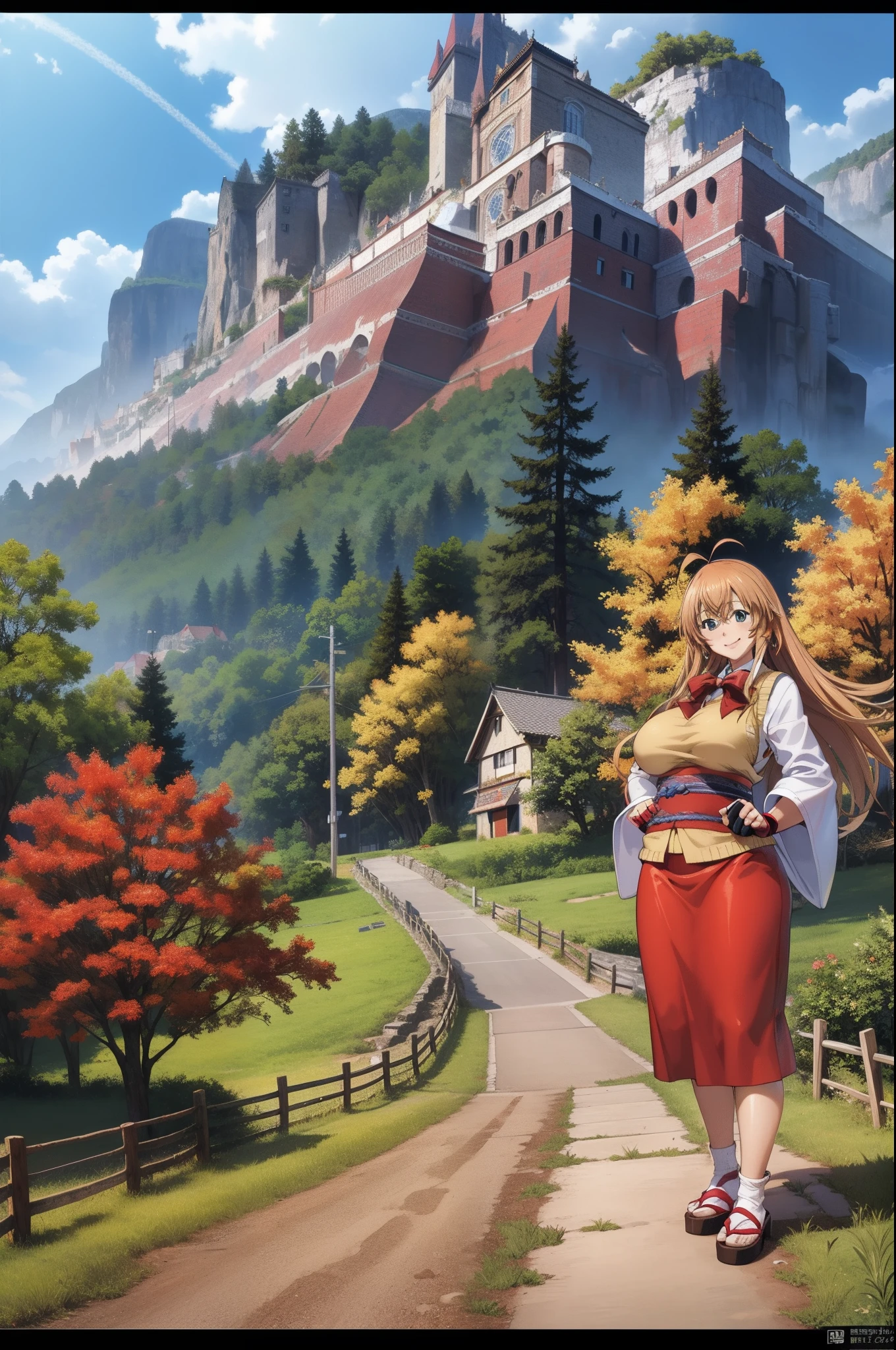 sonsaku hakufu earrings, red bow, vest ,long skirt, kimono, fingerless gloves, full body, smile, curvy, smile, big breast,forest, medieval village,europe