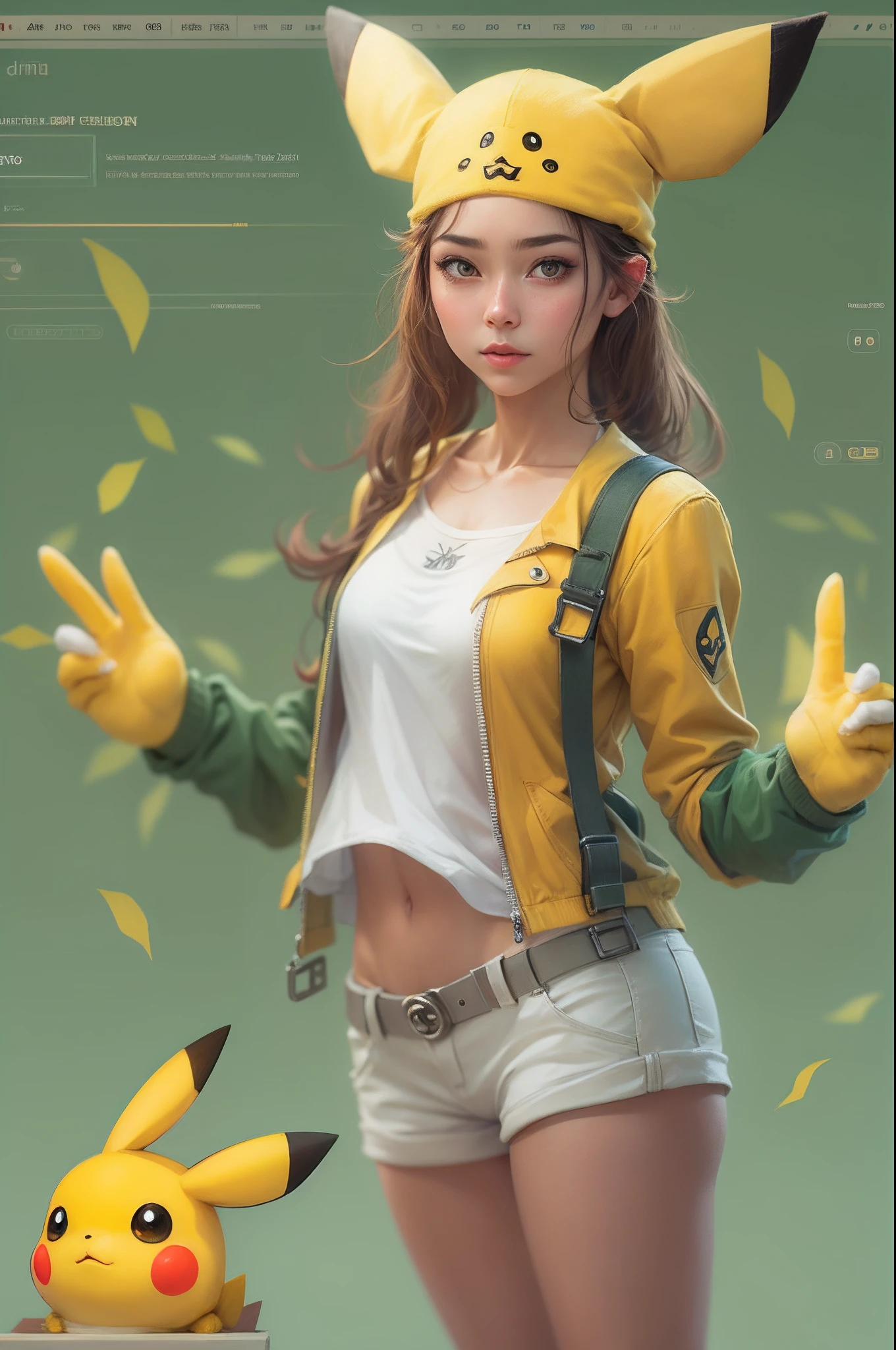 "Create a photorealistic 4k illustration of a Pikachu Gijinka girl, showcasing the essence of Pikachu through her clothing and accessories, in a full body composition."