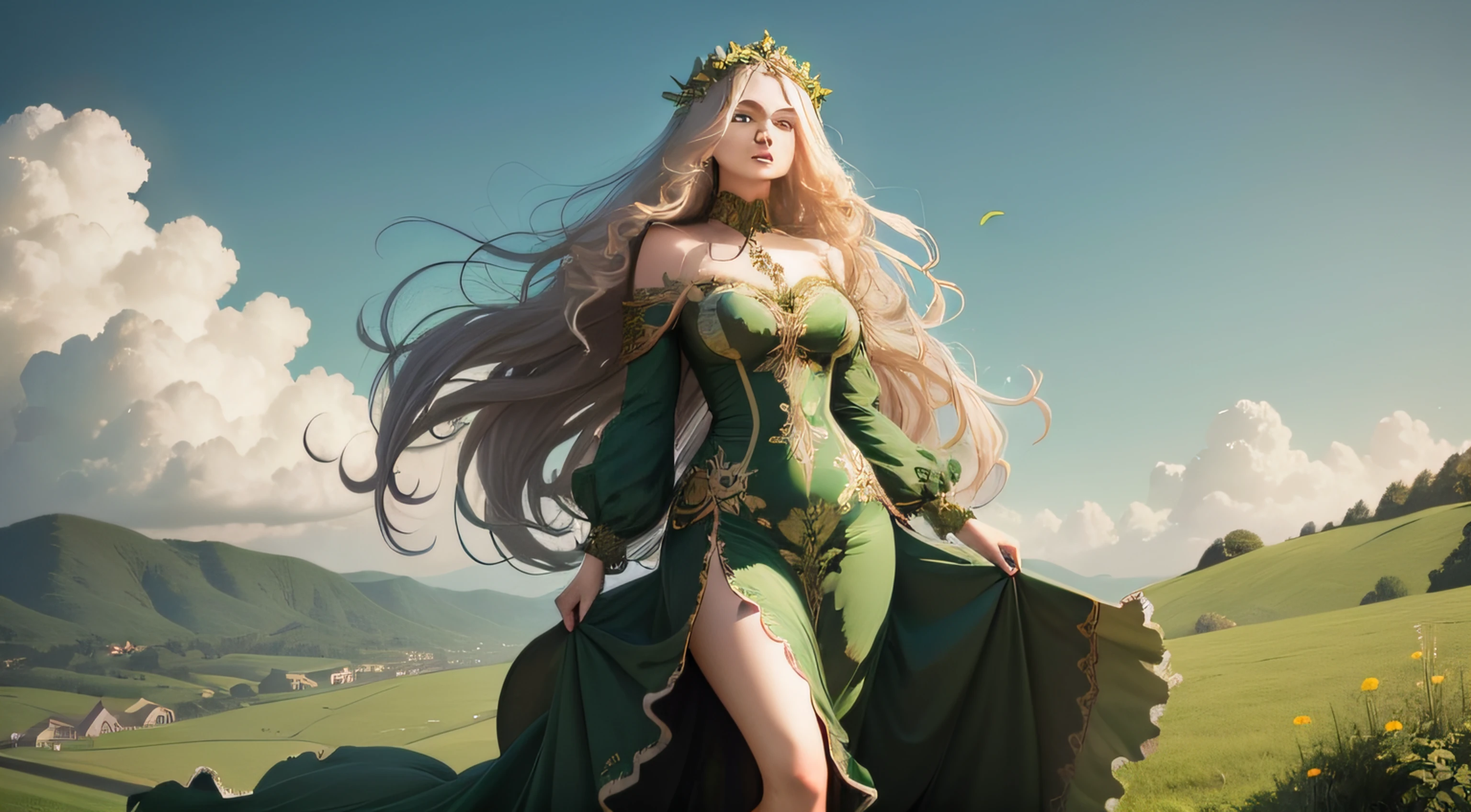 A majestic ivy goddess standing atop a lush green hill, her long flowing hair and dress billowing in the wind