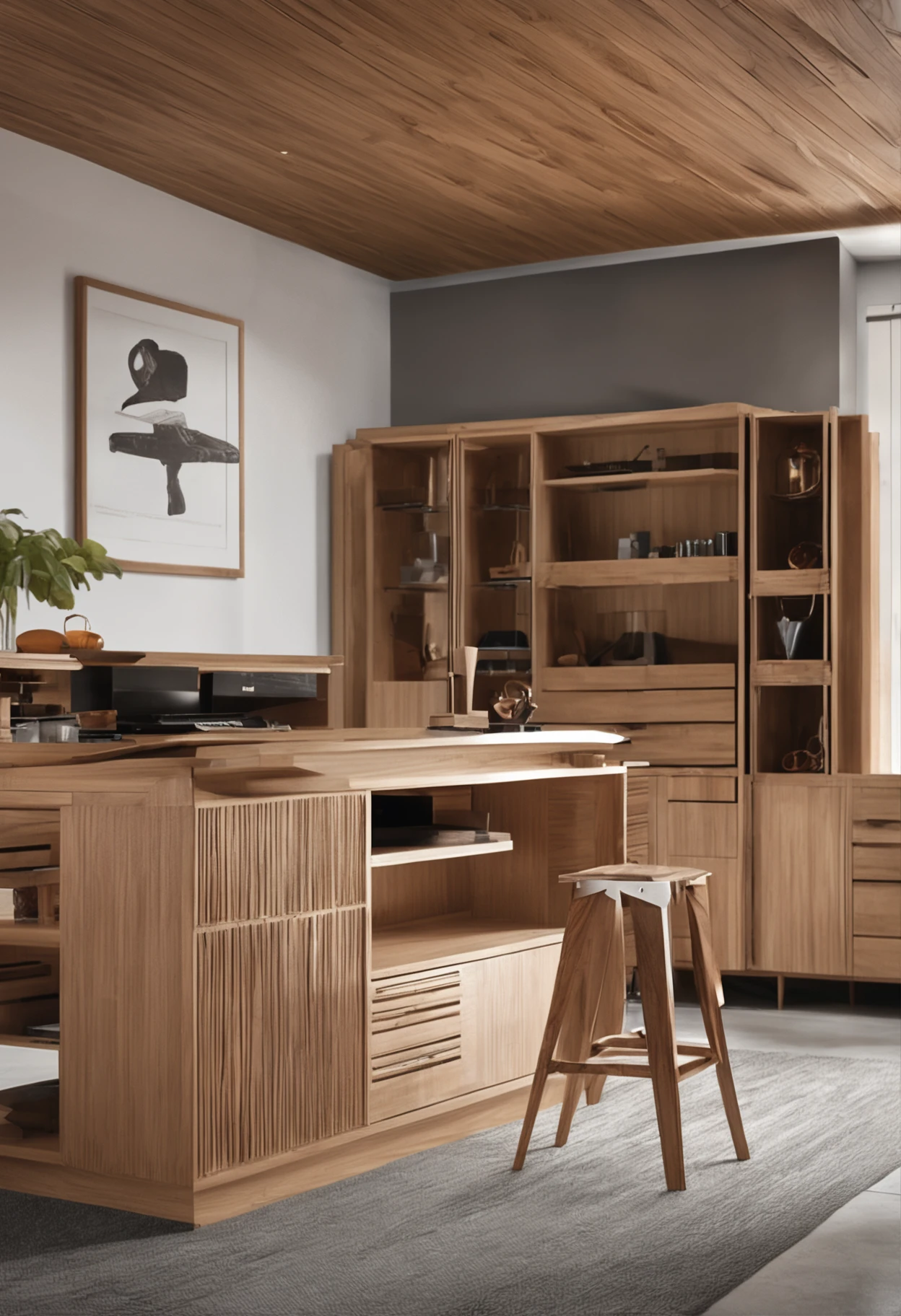 Create a visually striking image that blends modern aesthetics with intricate craftsmanship to embody the essence of a contemporary woodworking shop. Incorporate clean and elegant lines, emphasizing precision in furniture making and woodwork detailing. Utilize a color palette that combines natural wood tones with subtle and modern hues. Be sure to include a unique piece of furniture in the foreground, showcasing the craftsmanship and attention to detail that defines the carpentry."
