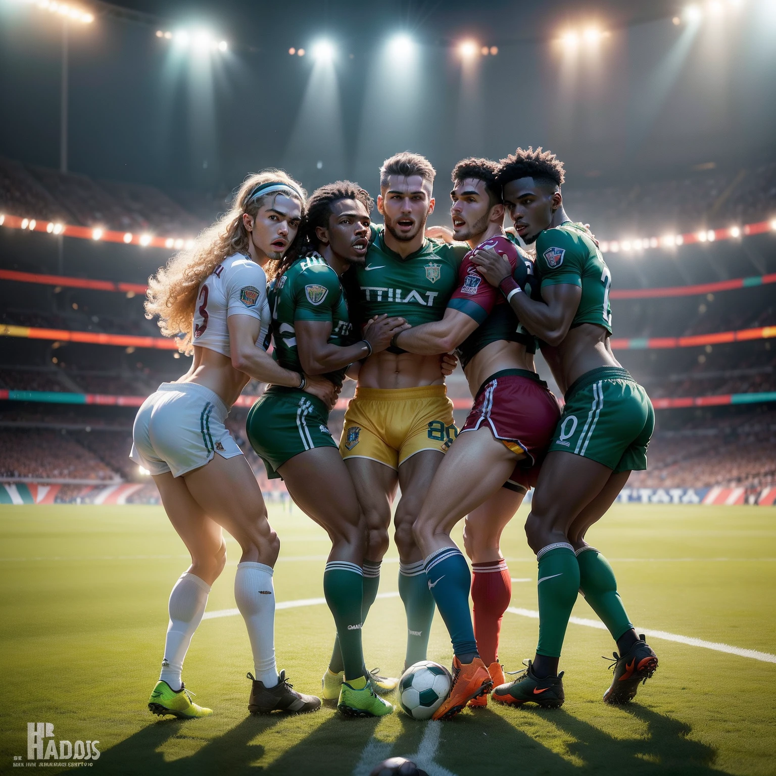 (((quatro jogadores habilidosos para o futebol))), A thrilling football game in a stadium full of spectators and spotlights, Passionate crowd, dazzling stadium spotlights, momento espetacular e eletrizante, atmosfera vibrante