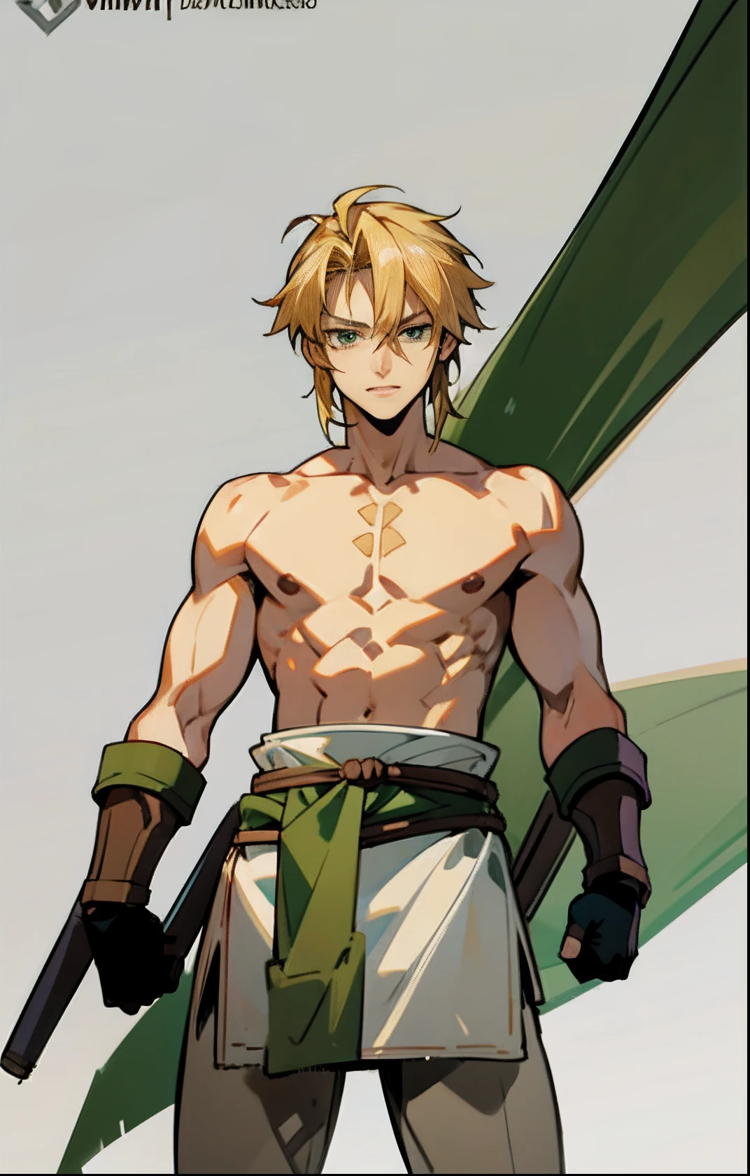 blond, tall, green-eyed guy, viking style, russian hero style, strong, anime style, anime , link, gloves, standing, topless , (muscular:0.5)(from above:0.4), plain background,(sport:0.2), (plain simple background:1.3),(smiling:0.4)
