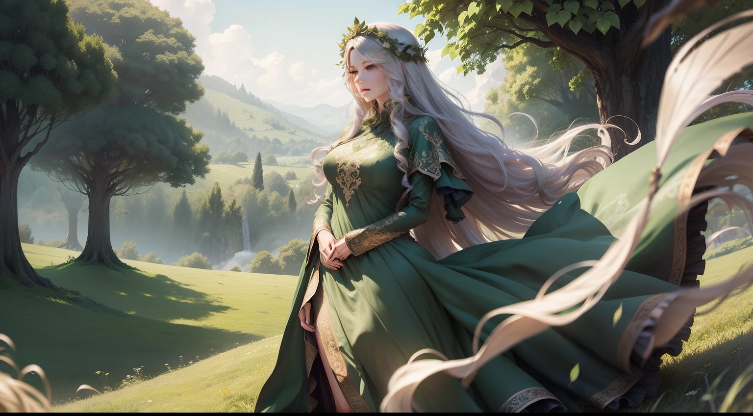 A majestic ivy goddess standing atop a lush green hill, her long flowing hair and dress billowing in the wind
