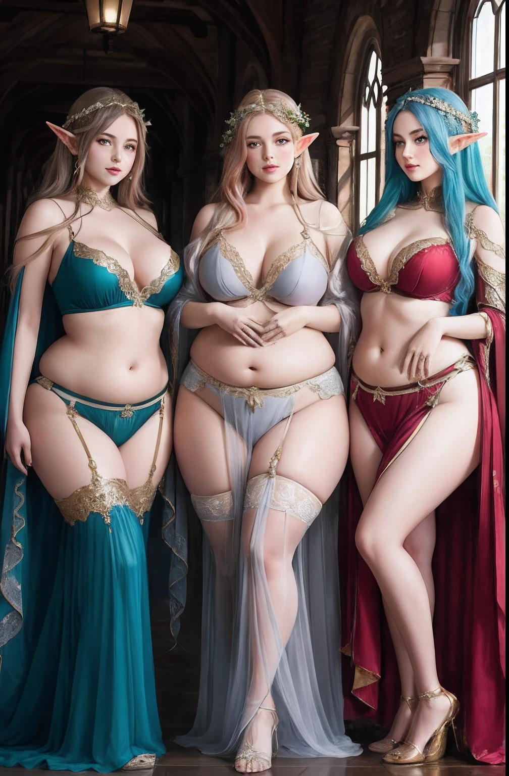 five beautiful elven girls, each with a different hair color, dressed in silken revealing clothes, their chubby bellies showing and with thick thighs, beholding the viewer lustfully