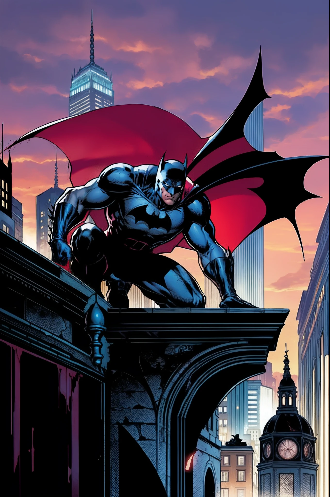 Batman stands on the terrace of the Gotham City Police Station building next to a Gargoyle made of concrete that makes the terrace. There is a lot of blood around him and he watches intently looking for the causes of this mystery. Bataman is going strong, olhos brilhantes , His uniform also has blood remnants from the fight he had earlier with cyber vampires at Dracula's behest. Is Dracula hiding on the terrace where Batman is found??