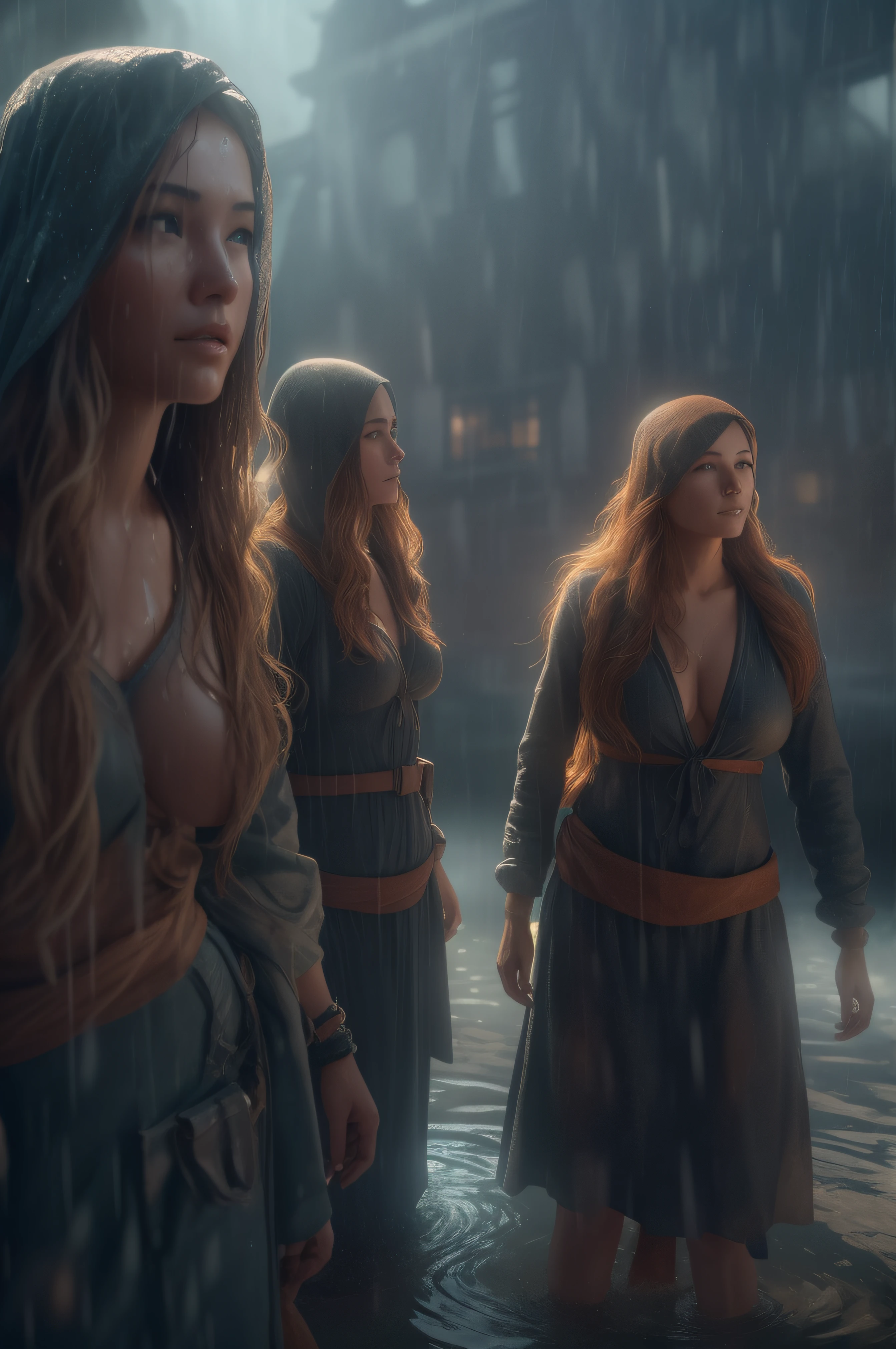 Ten women with exceptionally long hair and huge breasts in the Third World War. Dressed on a very wet everyday clothing for their work, super detailed photography, Play of light in the sun rain, downpour, ((a drop of water falling from a height onto the surface of the water)), splashes, luminism, intricate, 4k concept art volumetric light, unrealistic engine, global illumination, detailed environment