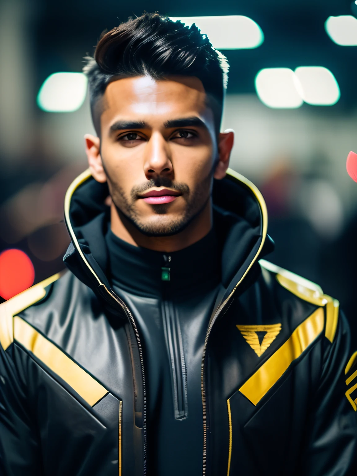 fking_scifi, foto premiada de um homem, Black flight suit with yellow details, cabelo castanho, (olhos cinza: 1,35), queixo quadrado, asymmetrical face, looking-into-camera, 80 mm, bokeh, efeito de massa , close-up, fking_cinema_v2