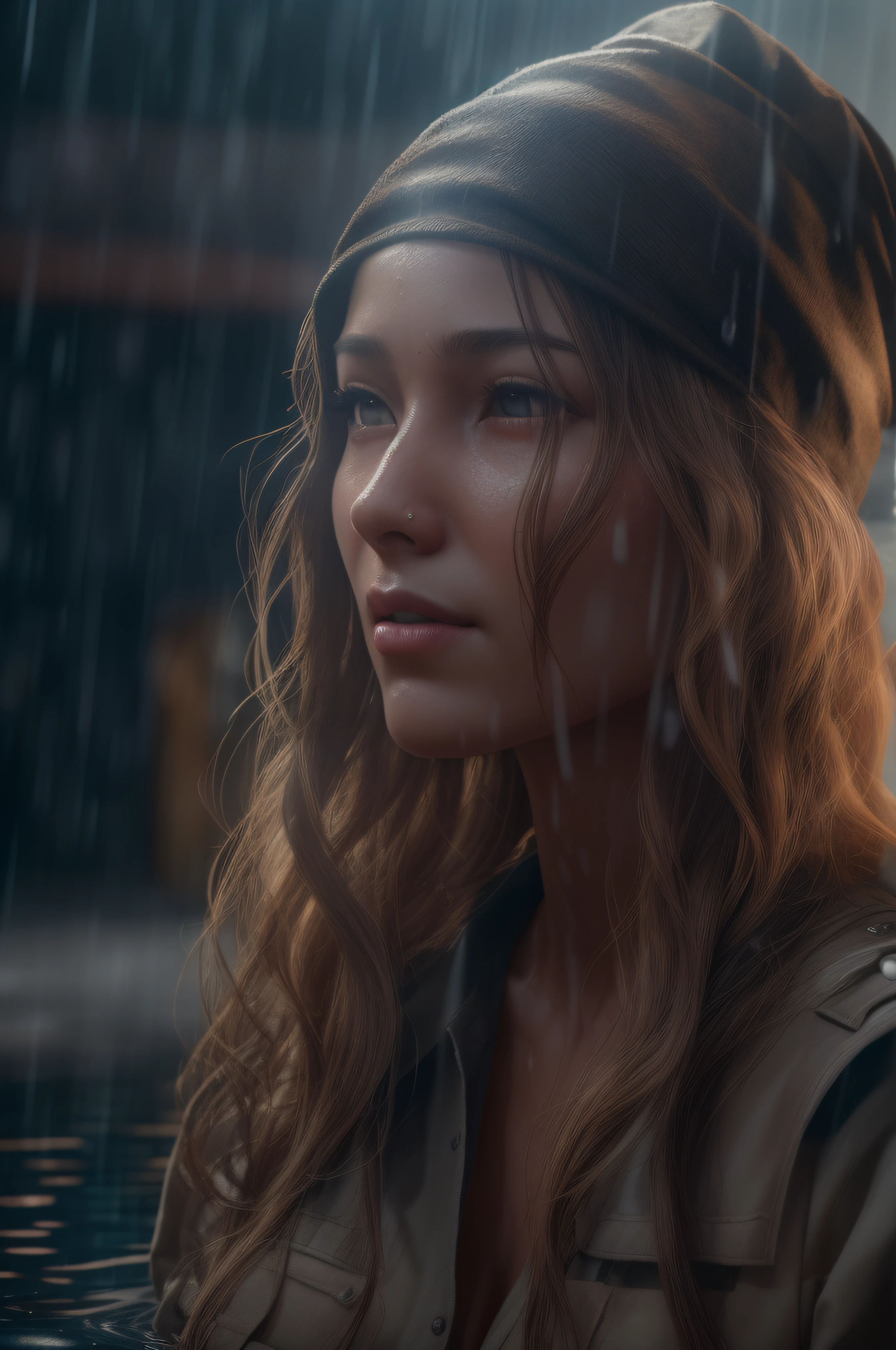 Ten women with exceptionally long hair and huge breasts in the Third World War. Dressed on a very wet everyday clothing for their work, super detailed photography, Play of light in the sun rain, downpour, ((a drop of water falling from a height onto the surface of the water)), splashes, luminism, intricate, 4k concept art volumetric light, unrealistic engine, global illumination, detailed environment