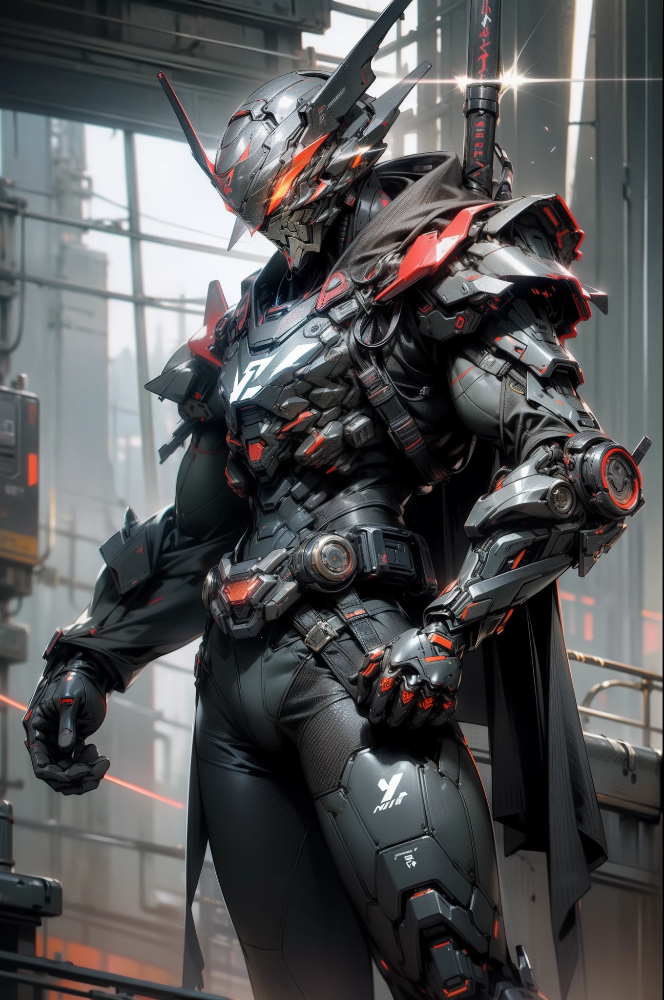 (Best quality)), ((masterpiece)), 3D, 4K, cyberpunk, On the mountain top, warrior is holding a lightning bolt, Kamen Rider｜metals｜Carbon fiber texture｜metallic luster｜Red and black color scheme｜Premium materials｜neon-light-effect