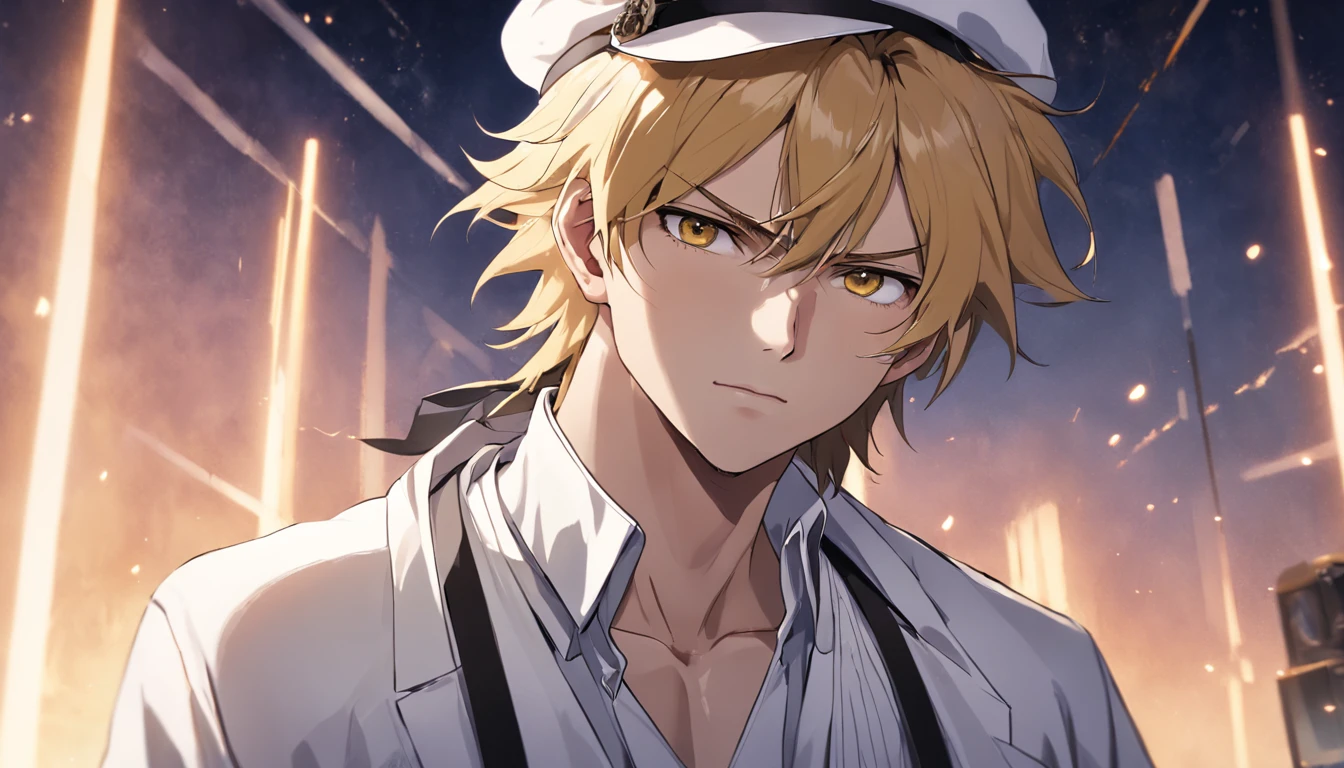 Young man with sharp features, An ominous look into the frame, smirk, golden wavy hair up to the shoulders, square, white coat, white striped shirt, white classic hat with medium brim, digital arts, Anime style, tense atmosphere