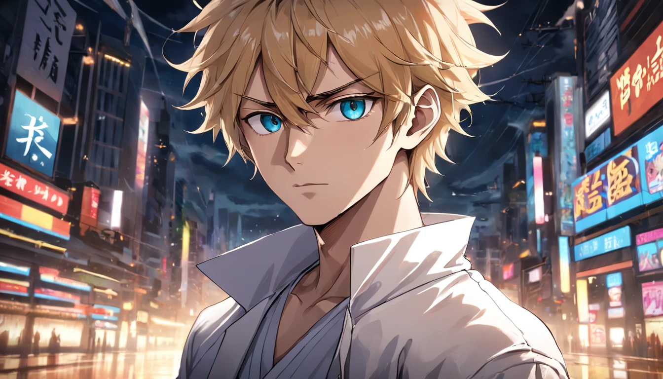 Young man with sharp features, An ominous look into the frame, smirk, golden wavy hair up to the shoulders, square, white coat, white striped shirt, white classic hat with medium brim, digital arts, Anime style, tense atmosphere