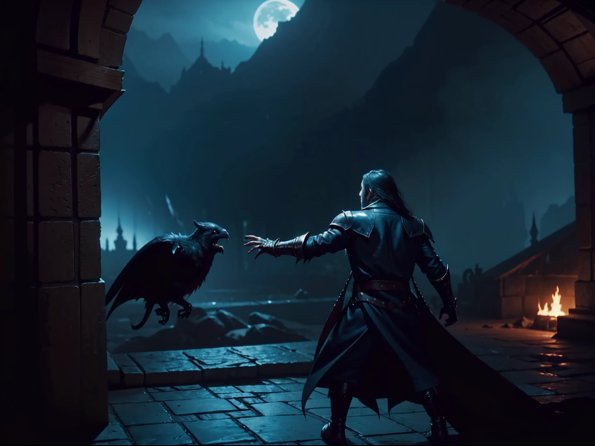 scene inspired by Castlevania: Lords of the Shadows, featuring an epic battle between a valiant hero and a formidable supernatural creature. Capture the intense action, Mouvement dynamique, and the atmospheric setting that characterizes the game. hyper realistic super detailed sharp détails