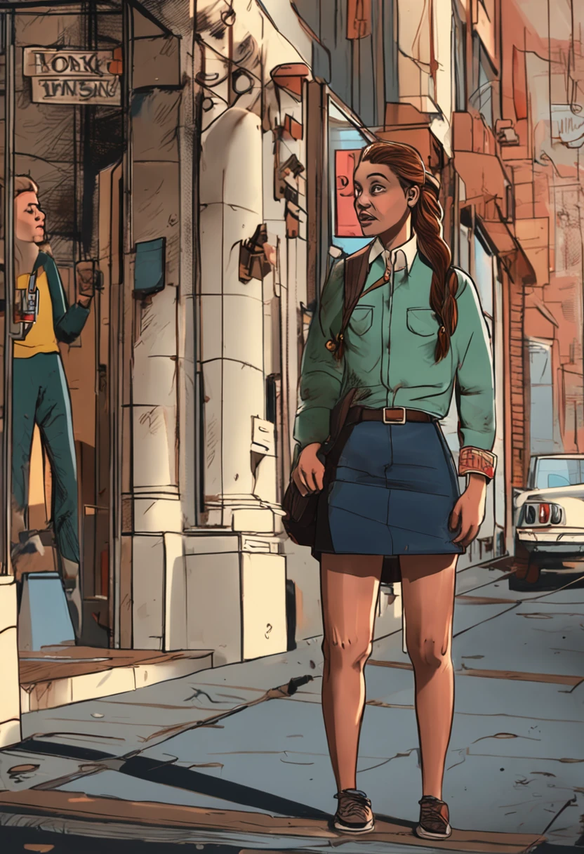 A college student, wearing a short skirt, stood at the door of the school and watched