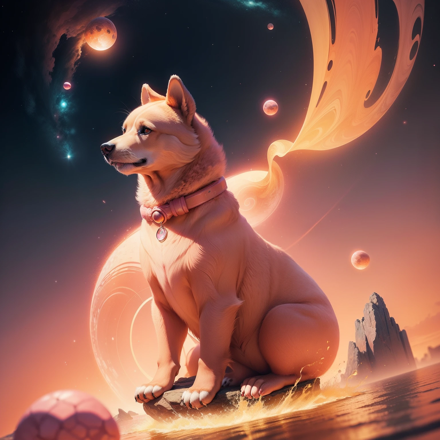 Empty space in pink and orange tones，There is a strange bear floating around, A floating dog, A spiral and many large golden stones float