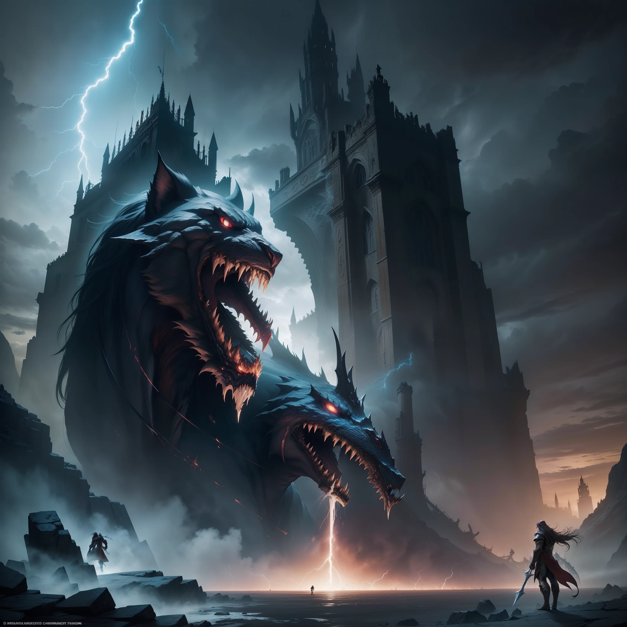 In the epic battle scene from Castlevania: Lords of Shadow, envision the formidable clash between Gabriel Belmont and the fearsome Titan atop the ancient mountain peak. Lightning crackles through the stormy sky as they engage in a legendary confrontation, their powers colliding with earth-shaking force. The Titan's colossal fists collide with Gabriel's enchanted whip, while the landscape trembles beneath their titanic struggle.