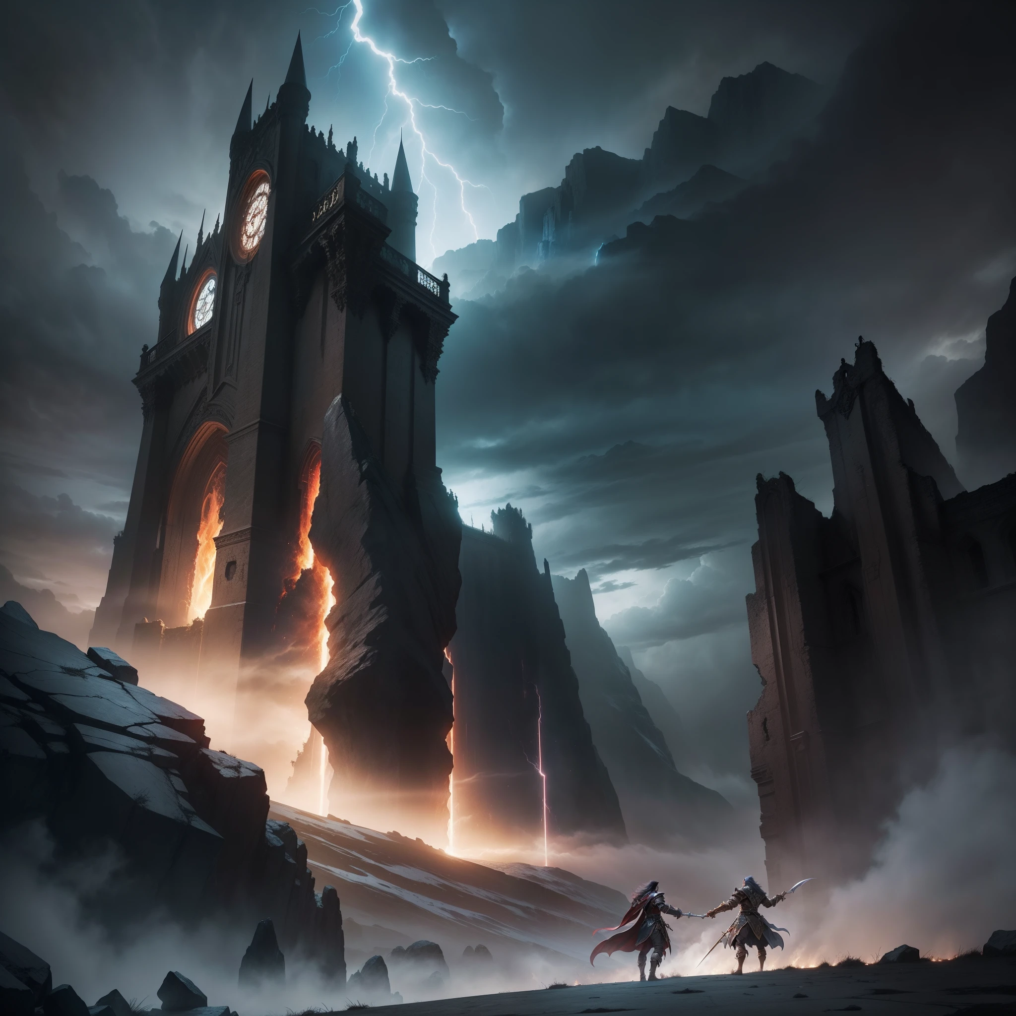 In the epic battle scene from Castlevania: Lords of Shadow, envision the formidable clash between Gabriel Belmont and the fearsome Titan atop the ancient mountain peak. Lightning crackles through the stormy sky as they engage in a legendary confrontation, their powers colliding with earth-shaking force. The Titan's colossal fists collide with Gabriel's enchanted whip, while the landscape trembles beneath their titanic struggle.