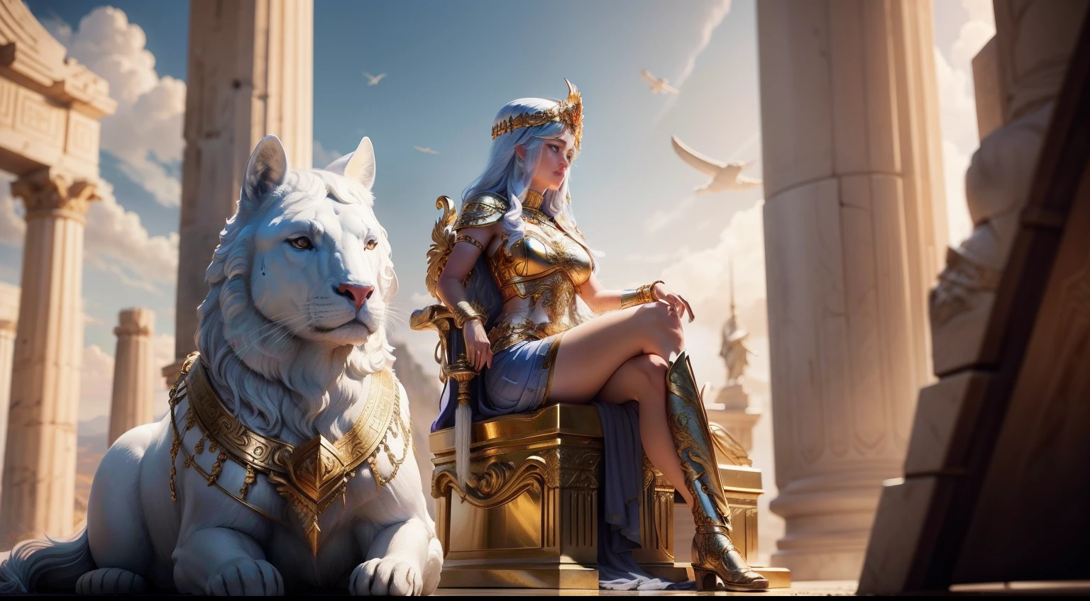 Athena, the goddess of wisdom and war, surveys the battlefield from her throne of ivory and gold.