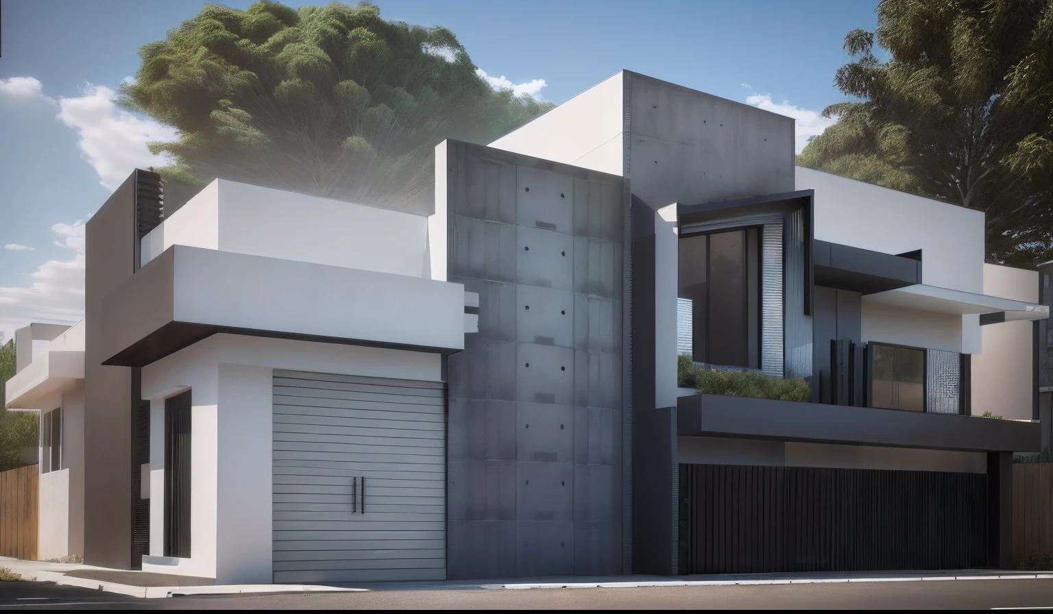 Rendering of a modern house with garage, 3D rendering, Fachada minimalista, architectural render, conceito hiperrealista, super detalhado, renderizar no vray, acabamentos em tinta branca, tijolos aparentes e concreto