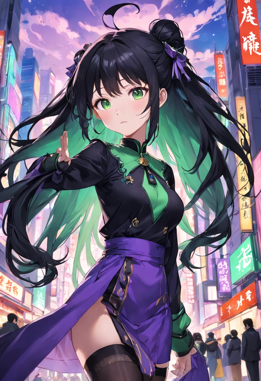 cabelos preto e longos，Side ponytail，Purple and green clothes，Campus JK，black lence stockings，444 Hz, Beautiful, Breathtaking, Highly detailed, 8K, Use, Affectionate, Ultra photo realsisim, scenery