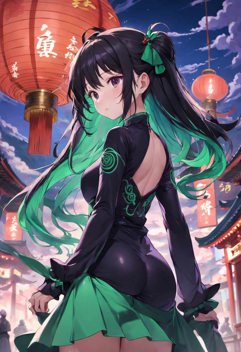 cabelos preto e longos，Purple and green clothes，China-style，black lence stockings，bare breasts and ，Beautiful breasts， Tall，China-style，Sea of clouds