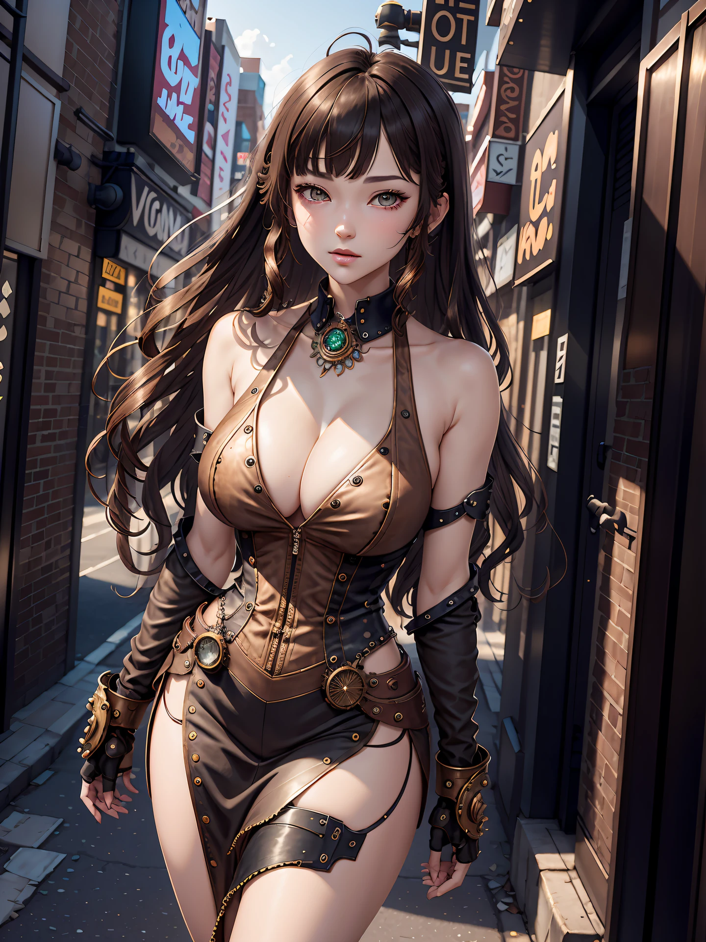stylized watercolor digital illustration, (((steampunk:1.25))), attractive, fashion, classy, a extremely cute and beautiful gigantic-Breasted girl, age of 22, top angle shot, ((rainbow color wavy hair with bangs:1.37)), ((a dark steampunk city ultrarealistic 3d render background:1.25)), cinematic light, ((dressed in a luxury gorgeous formal dress, steampunk style dress)), (inspiration from Carne Griffiths and Wadim Kashin, Yoji Shinkawa, Peter Draws), heavenly Pretty face, detailed eyes, perfect anatomy, wind, nature hand poses, nature legs poses, approaching perfection, reaching out, dynamic poses, magic scene, 8 life size, abs, luminism, highly detailed, character sheet, sharp focus, full body shot, 8k UHD, masterpiece, ultra fine detail, unfinished, radiosity, splatter artstyle, pastel tetradic colors, 3D vector art, fantasy art, watercolor effect, Adobe Illustrator, hand-drawn, digital painting, low-poly, soft lighting, isometric style, retro aesthetic focused on the character, 4K resolution, photorealistic rendering, using Cinema 4D.