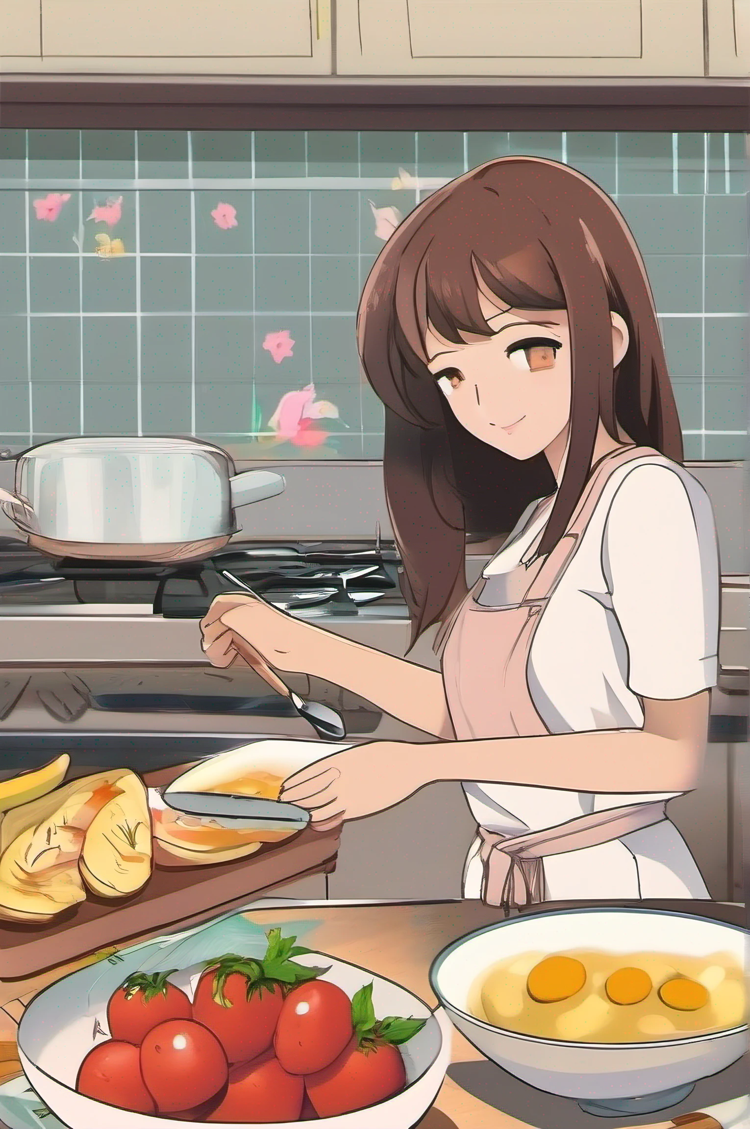 cartoony, Mairi de pele morena, morena,is in the kitchen, preparing breakfast.