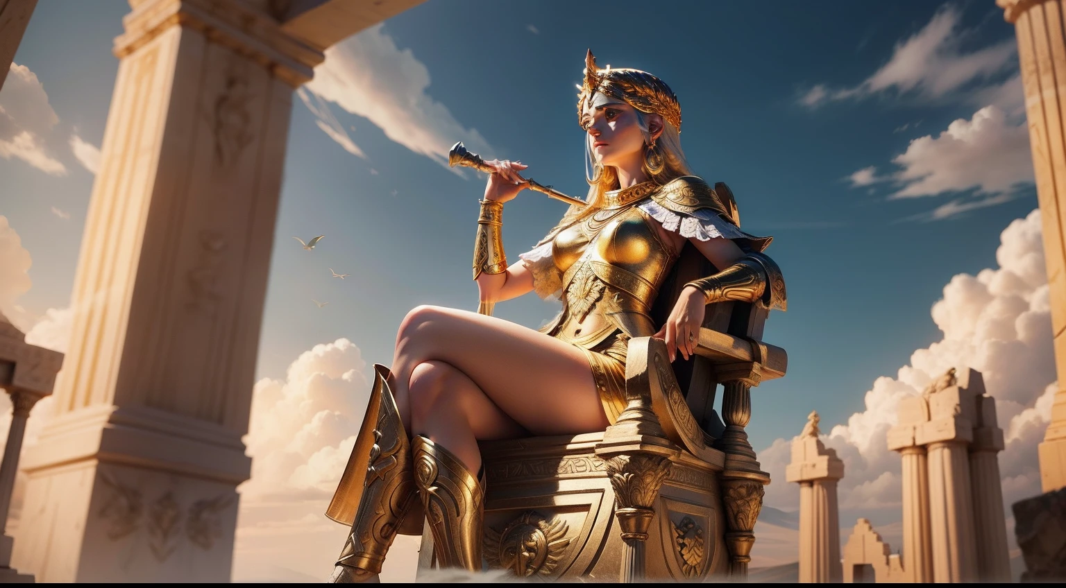 Athena, the goddess of wisdom and war, surveys the battlefield from her throne of ivory and gold.