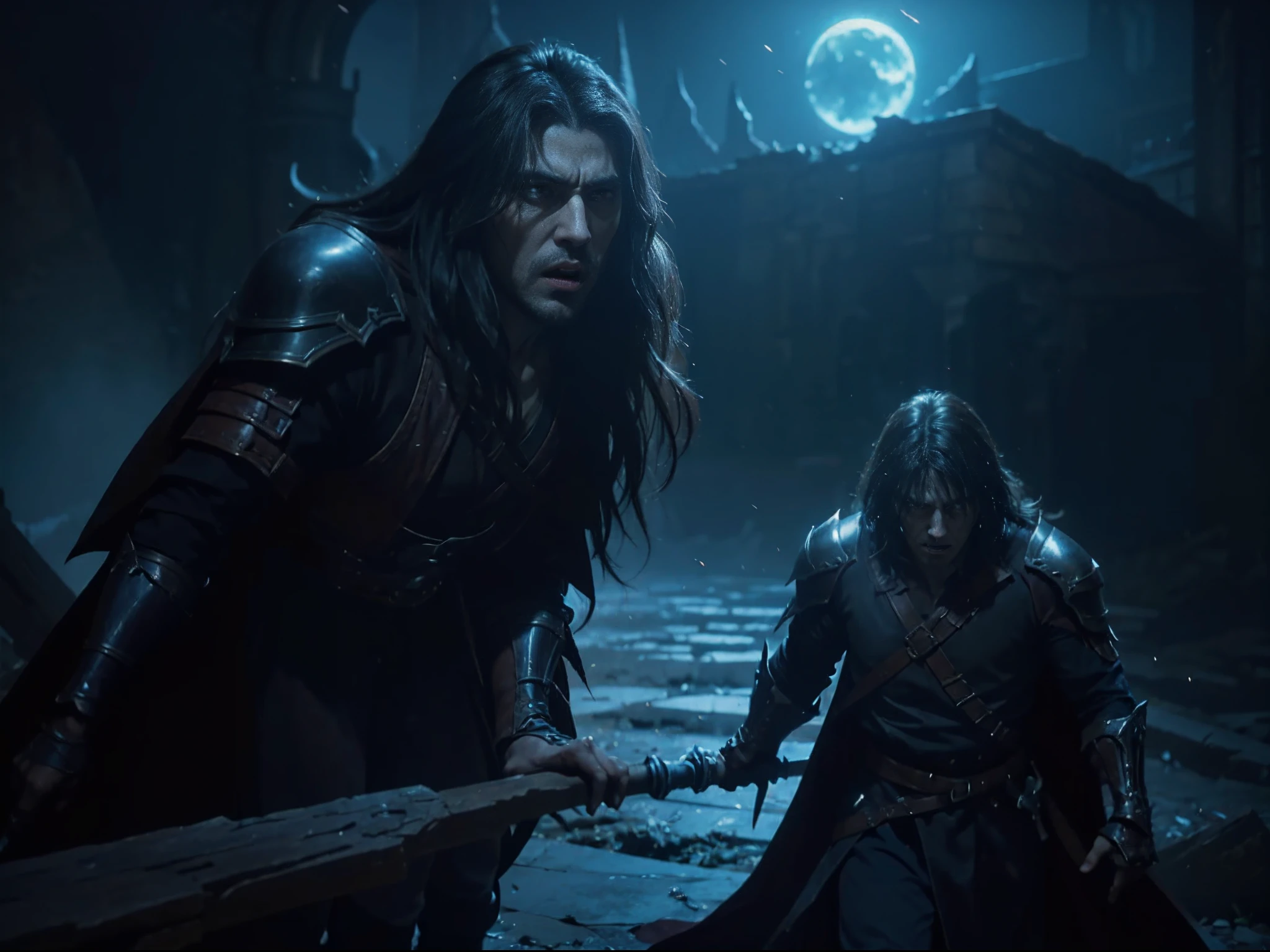 scene inspired by Castlevania: Lords of the Shadows, featuring an epic battle between a valiant hero and a formidable supernatural creature. Capture the intense action, Mouvement dynamique, and the atmospheric setting that characterizes the game. Let the masterful use of light and shadow reinforce the drama of this confrontation, what makes it an unforgettable masterpiece