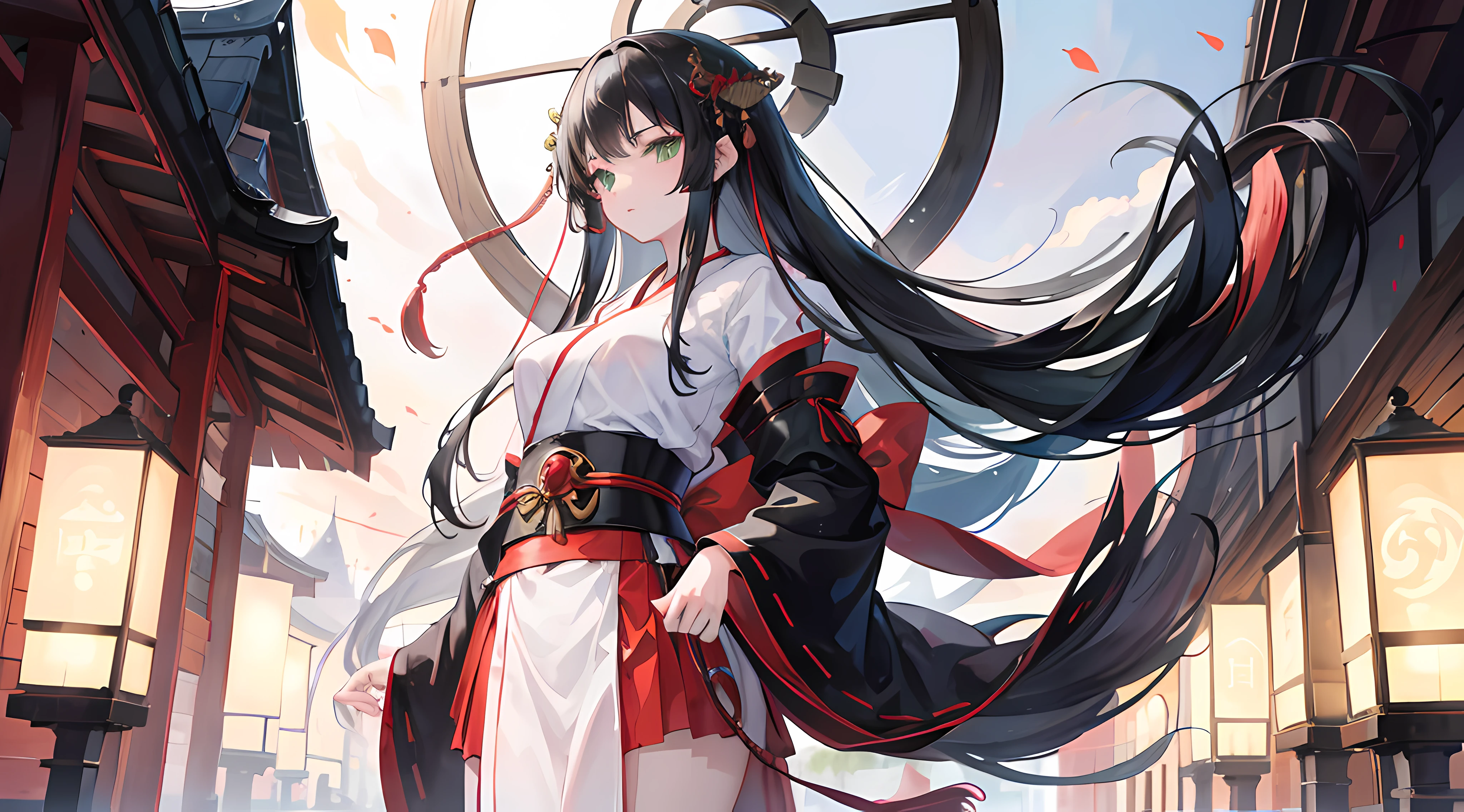 1girl, long black hair, green eyes, wearing shrine maiden clothes, shrine, high res, ultrasharp, 4K, masterpiece