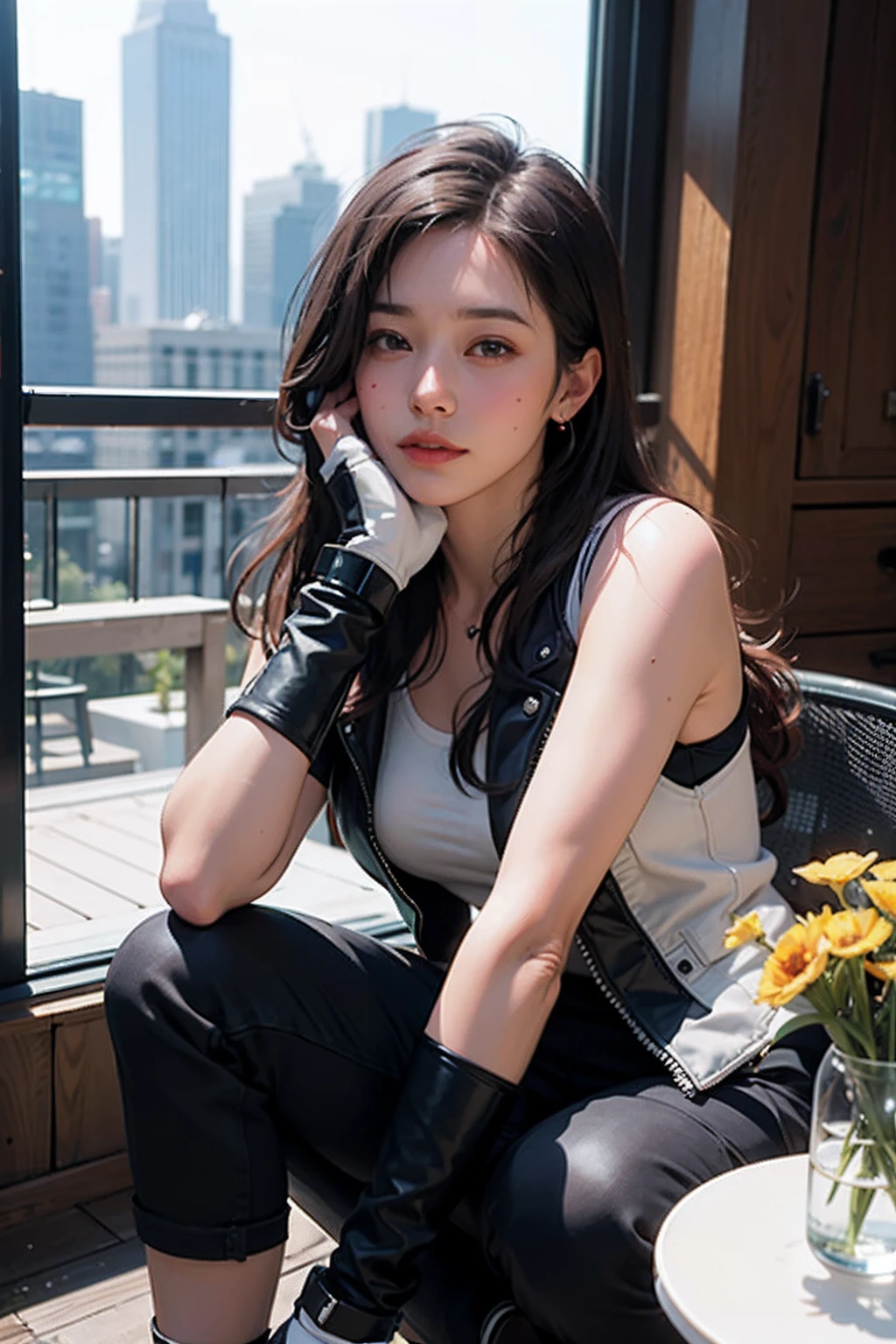 （8K，top-quality，tmasterpiece：1.2），（realisticlying，realisticlying：1.37），hyper HD，《Final Fantasy VII》Remastered Tifa Lockhart dating a detailed portrait sitting in a highly detailed café in a cityscape，Beautiful skinny eyes and blushing nose，Makes you look cute and lonely。She wears elbow pads、Ankle boots、black long pants、White shoes、gloves on the elbow、Elbow pads and fingerless gloves。Her outfits include sports coats，Tight trousers，Sneakers and white vest。You can see the whole body，Rest your head on your hands，Show a beautiful face，Long hair hanging low，cparted lips。On-site professional lighting、Photon mapping and radiographic illumination，It creates an atmosphere of network futurism in the style of Tetsuya Nomura。The background has yellow flowers and bokeh effect。Tifa smiled slightly，Shut up。