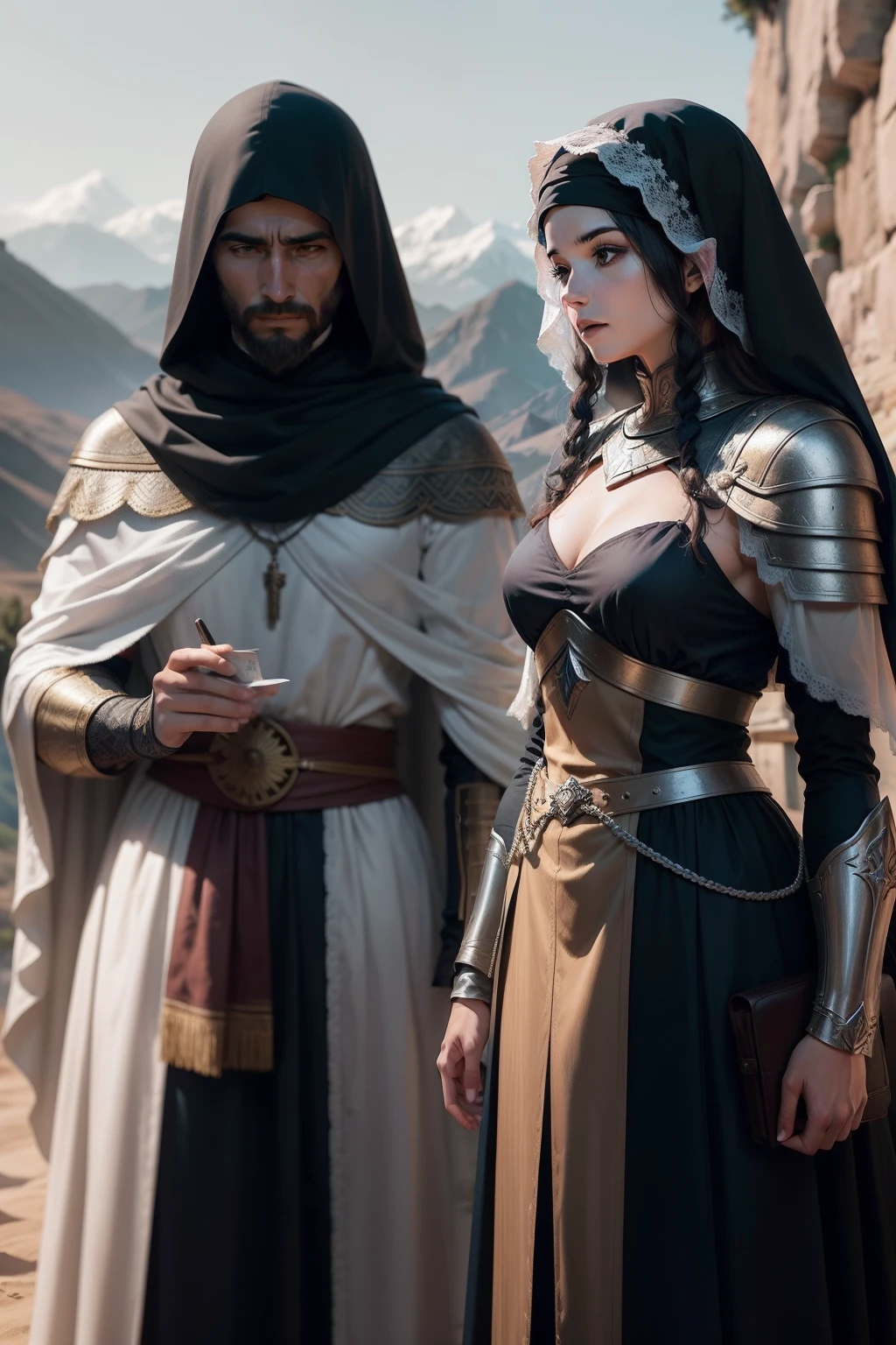 Generate an image that accurately captures the encounter between Deborah and Barak: deborah, wearing a long robe and veil in accordance with the fashion of the time, senta-se serenamente sobre uma pedra. Barak is standing before her, wearing partial armor that reflects preparation for combat. A cena se desenrola sob a sombra acolhedora de uma palmeira, com raios de sol filtrados pelas folhas, criando um jogo de luz e sombra sobre a cena. The surrounding environment suggests the hills of the mountainous region of Ephraim, conferindo um toque de isolamento e significado ao momento. Relay the details of the costumes and facial expressions to capture the historical authenticity and atmosphere of the conversation between these two key characters.