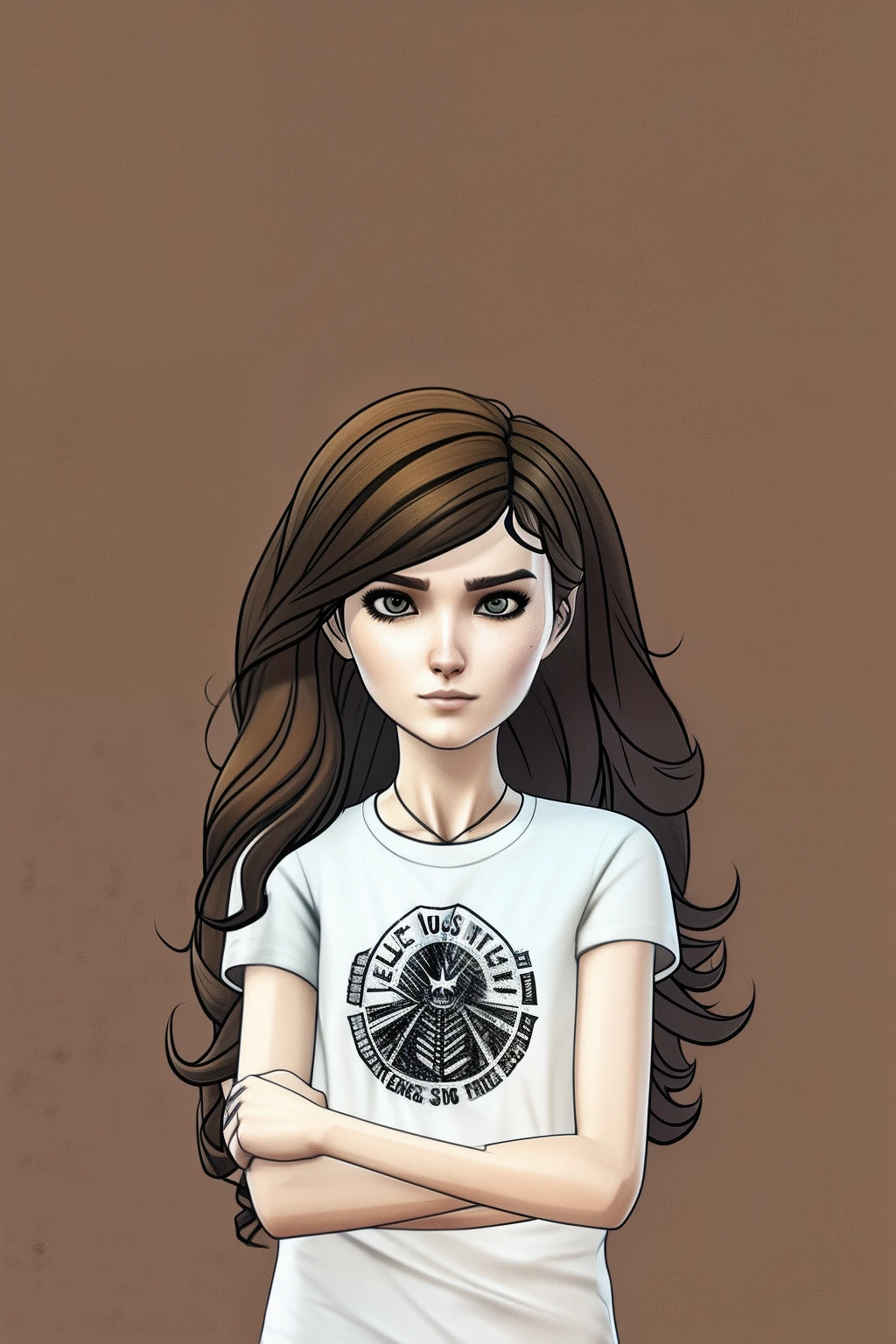 Life is strange style girl with big long brown long curly wavy hair, wearing a t-shirt with a skeleton logo on it, brown eyes, pretty clear fac, render model full body, clear face, pretty face, professional render, clear face, white lightning, beautiful face