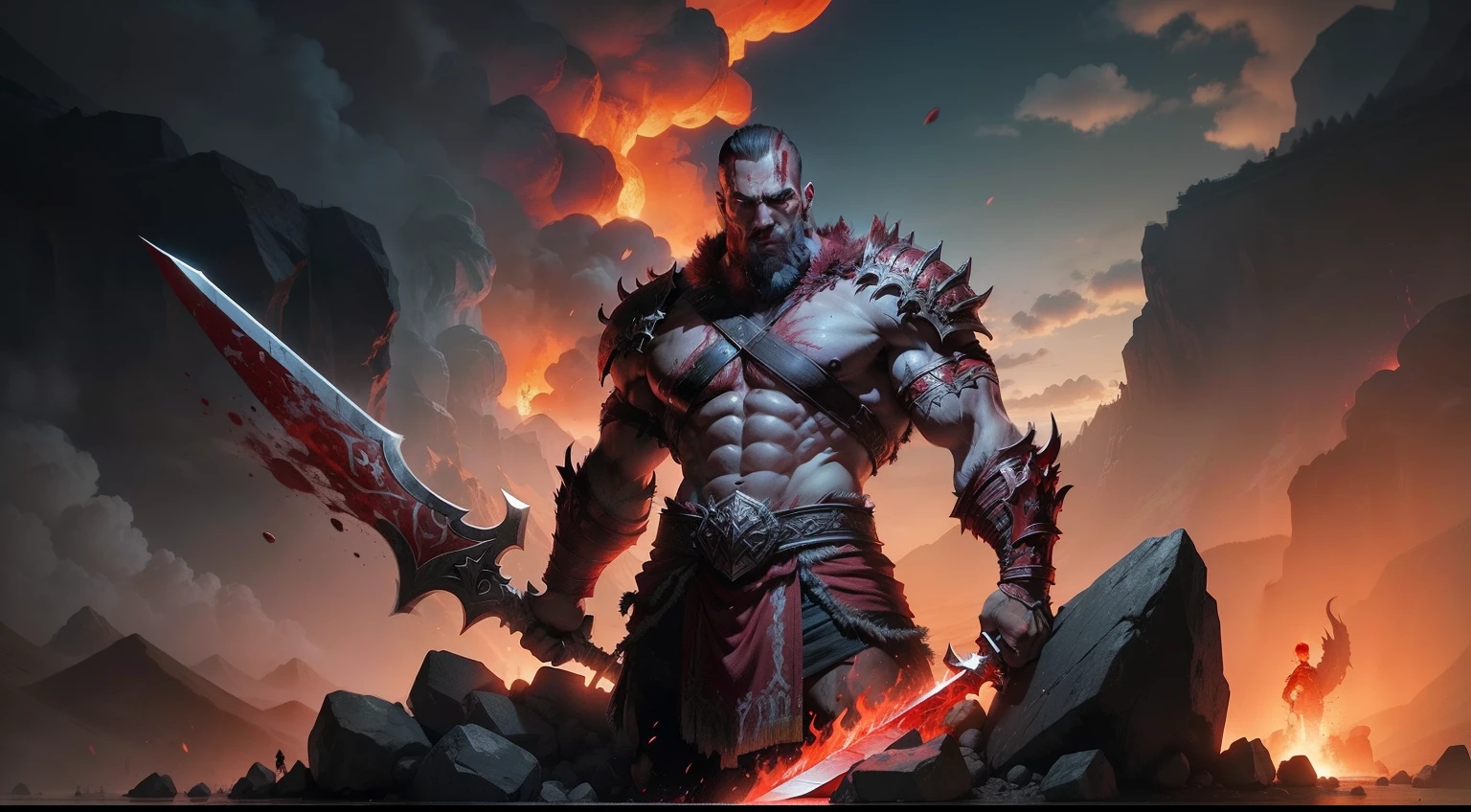 A raging Ares, the Blood God of War, stands atop a mountain of corpses, his sword dripping with the blood of his enemies.