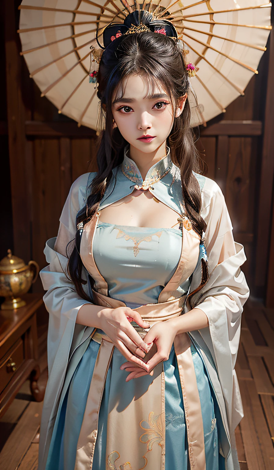 High resolution, extremely detailed, facial enhancement, mansion, an innocent and cute -year-girl,incess dress,
transparent fabric, in hanfu, slightly squinted eyes, adjusting her hair, long eyelashes (long hair / very, very exaggerated big breasts _ tits / in hanfu chinese luxury), posing in front of the camera, wet throught rain, wet breast, Slim waist, lace silk