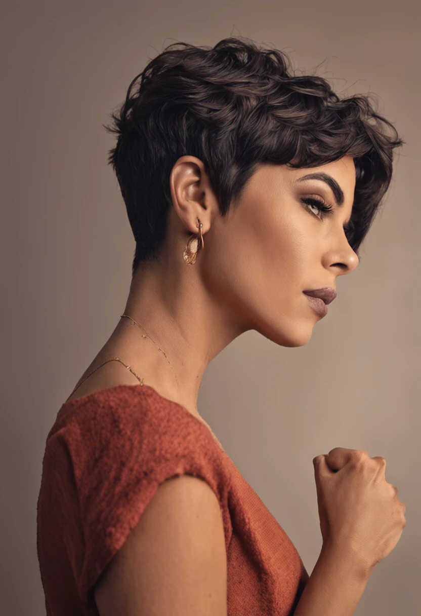 voluptuous brazilian woman, super short pixie cut hair, thick eyebrows, perfect ass, sexy, lewd, small breasts, very happy, bare shoulders, bare hips, thong, film grain, UHD, masterpiece, anatomically correct, super detail, best quality, open her ass by holding each part of ass