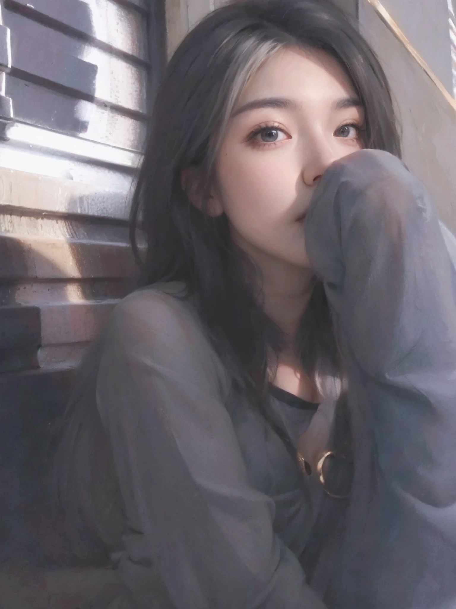 photorealistic, high resolution, 1women, solo, hips up, look at viewer, (detailed face), white hair, long hair, medium breasts, Stomach tattoos