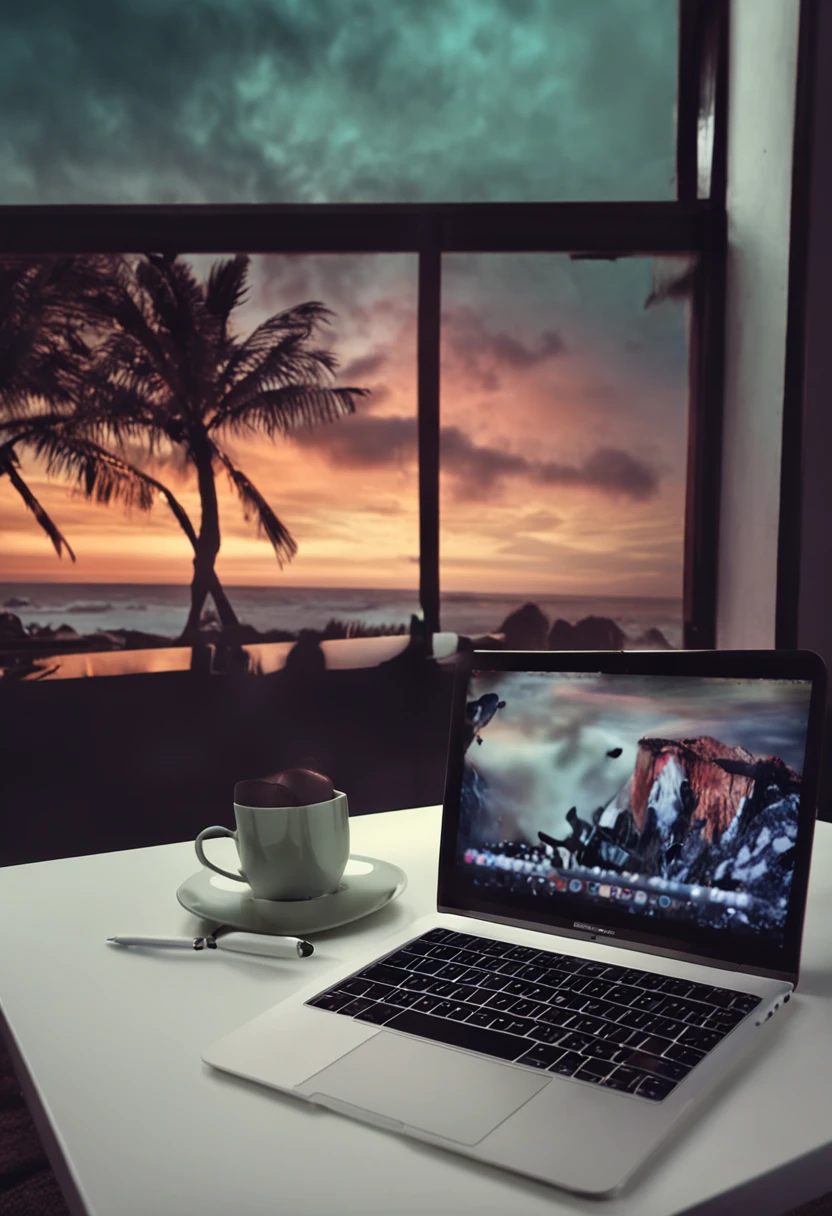 macbook em cima de uma mesa, com foguete na tela, alta resolução, fundo preto