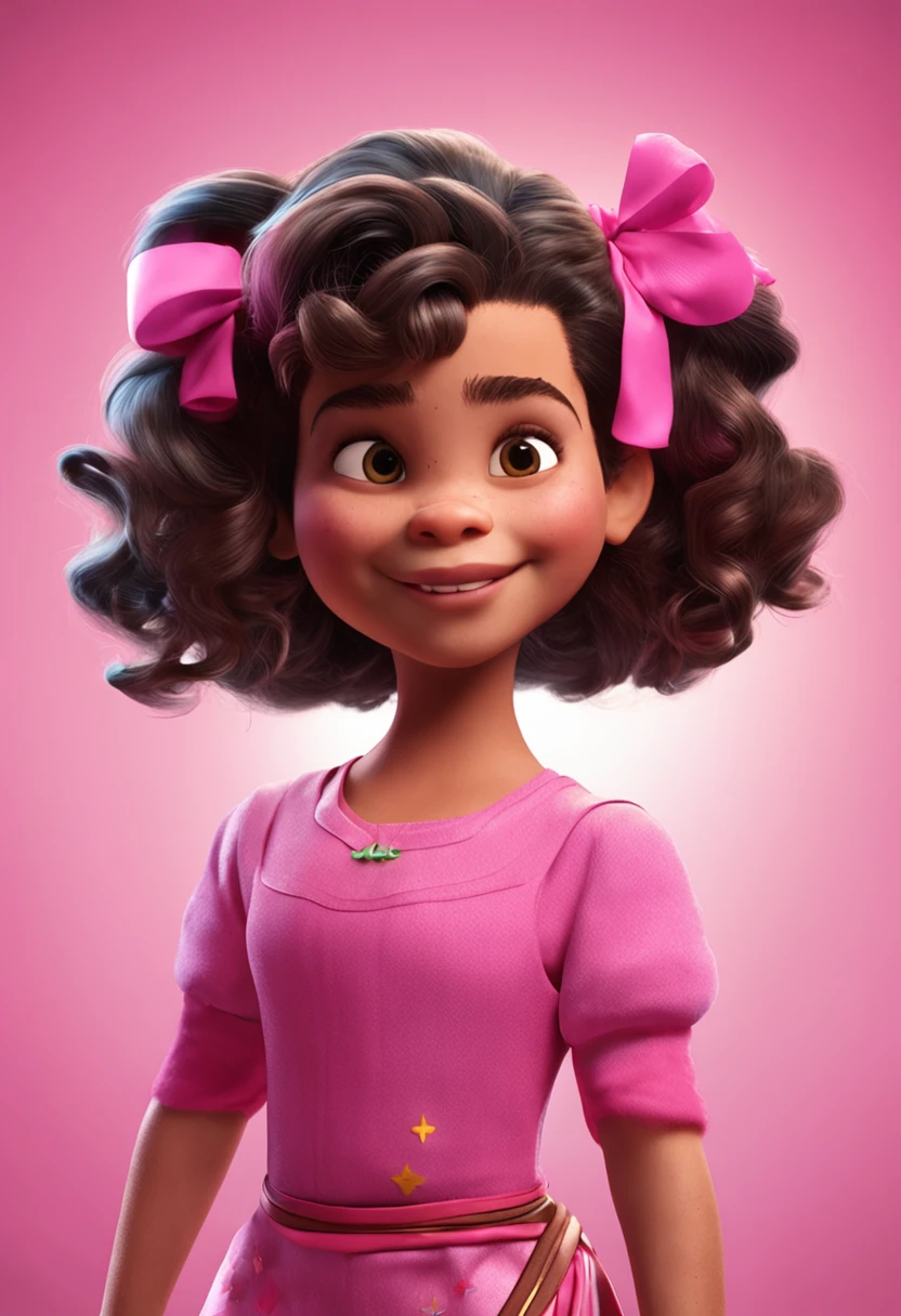kid girl, Story character, cabelos cacheados e fita no cabelo, vestido rosa, estilo pixar, Disney