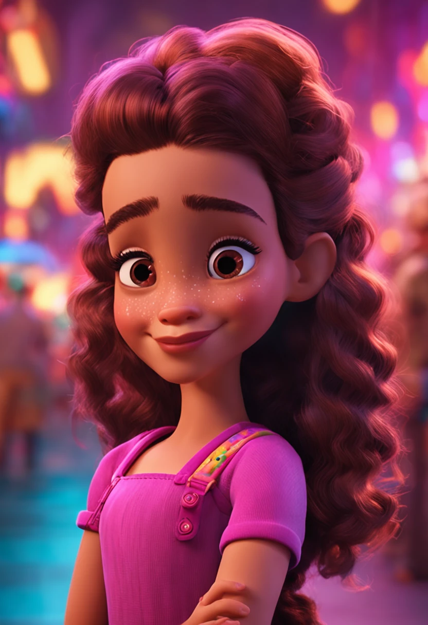 ??? girl, Story character, cabelos cacheados e fita no cabelo, vestido rosa, estilo pixar, Disney