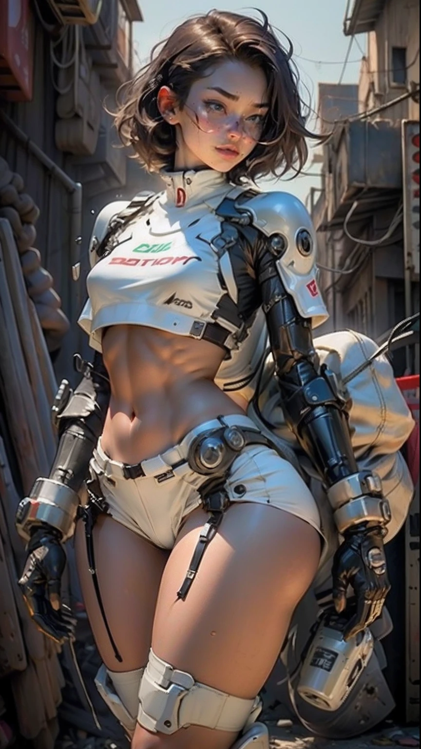 Woman body defined thick thighs cybernetic body parts, short underwear