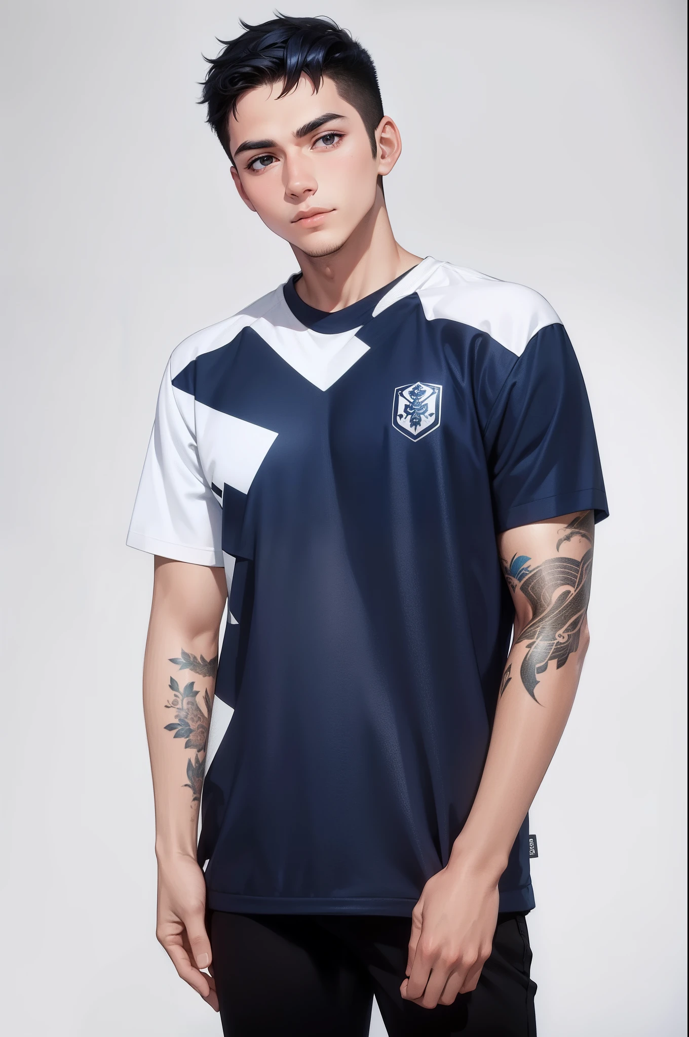 Attractive profile picture, masterpiece, ultra-precise rendering, beautiful and cool young man, trustworthy, dependable young man, savior of the world, simple design, most beautiful image, 4K, blue black hair, beautiful tattoo